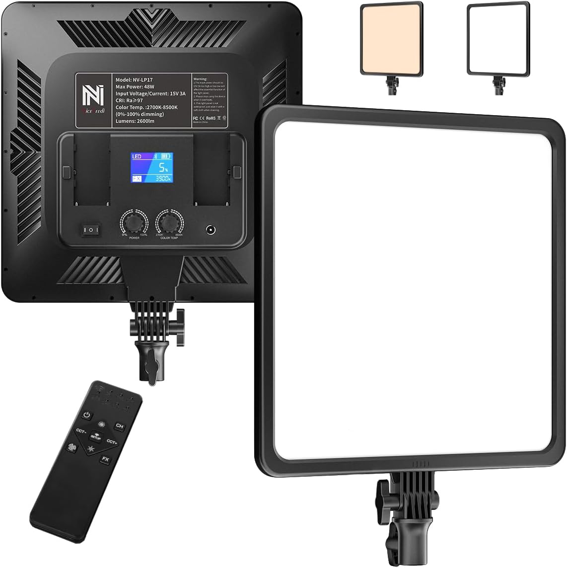 17" Photography Light Panel, NiceVeedi 48W 2700-8500K Bi-Color LED Video Light with Remote Control, Infinite Dimmable CRI 97+ Professional Studio Lighting for YouTube Video Photography Light-0