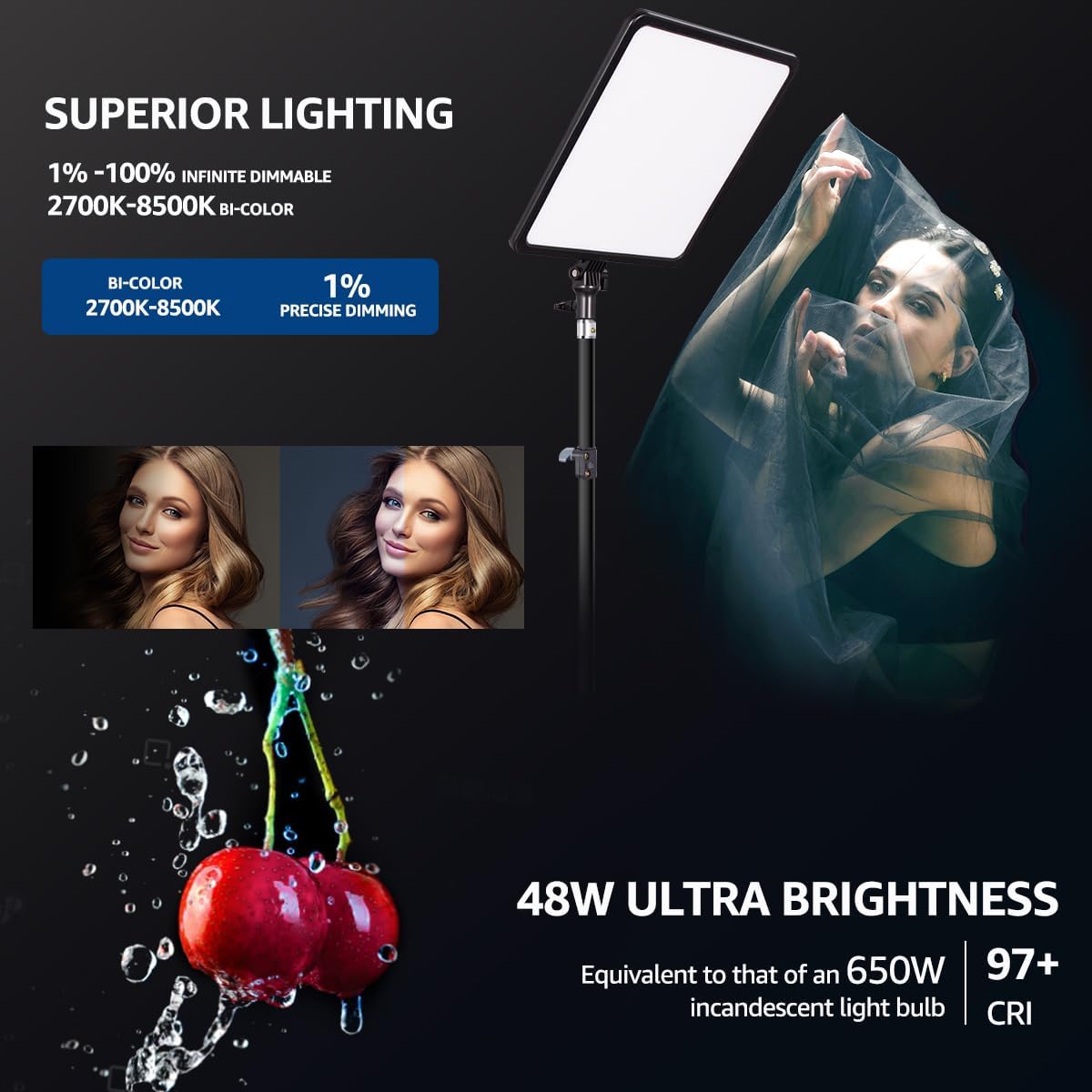 17" Photography Light Panel, NiceVeedi 48W 2700-8500K Bi-Color LED Video Light with Remote Control, Infinite Dimmable CRI 97+ Professional Studio Lighting for YouTube Video Photography Light-2