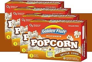 Kettle Corn Microwave Popcorn Bags Bulk| Sugar Free Kettle Corn Popcorn Packets| Low Carb - Vegan - Kosher Snacks 4 Pack - 12 Bags - 3oz. by Golden Fluff