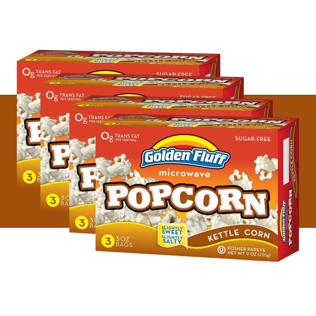 Kettle Corn Microwave Popcorn Bags Bulk| Sugar Free Kettle Corn Popcorn Packets| Low Carb - Vegan - Kosher Snacks 4 Pack - 12 Bags - 3oz. by Golden Fluff-0