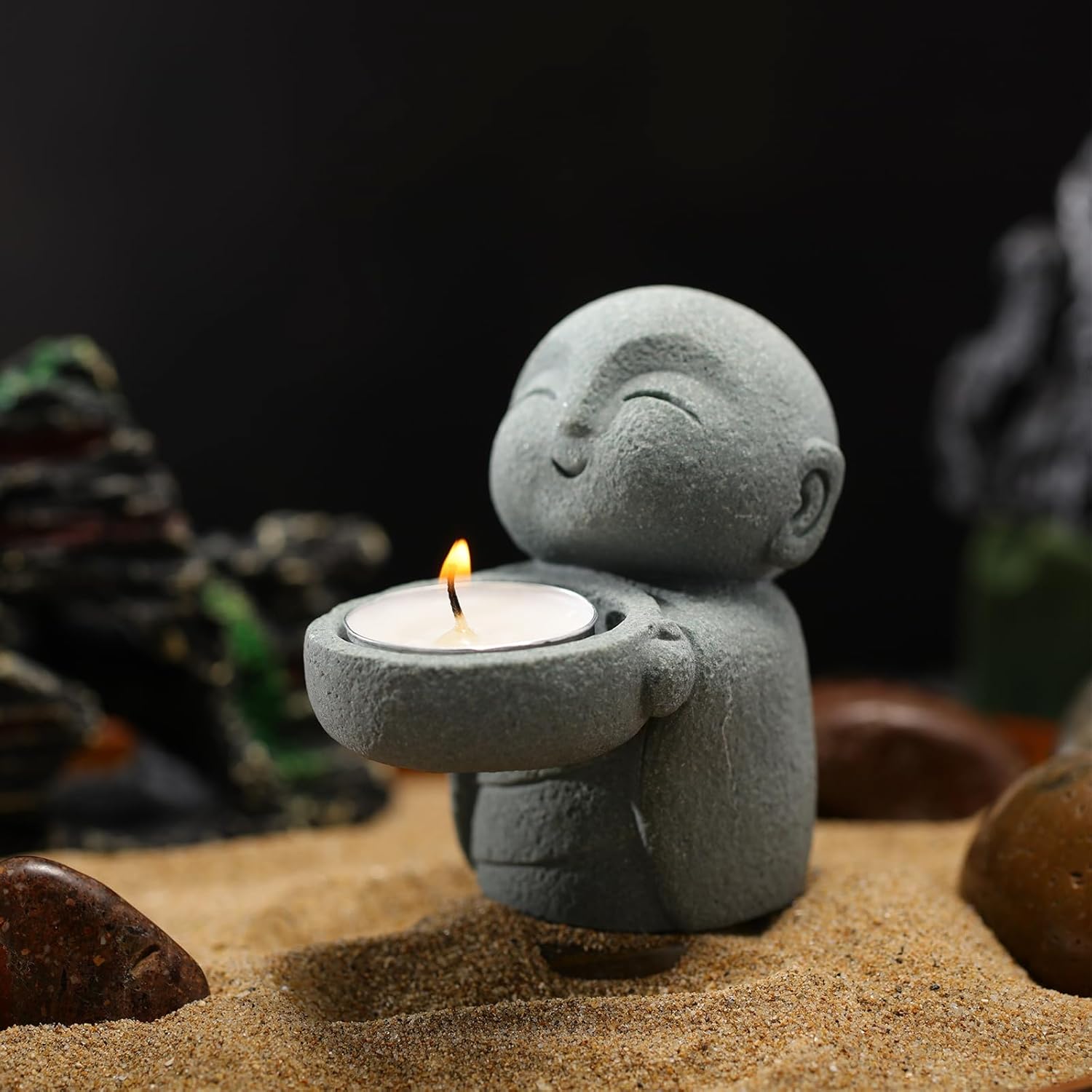 Buddha Sandstone Statues, Zen Monk Buddha Statue Praying Sculptures Ornament for Wealth Good Luck Feng Shui Decor Home Office Car Decoration (Jizo Monk)-3