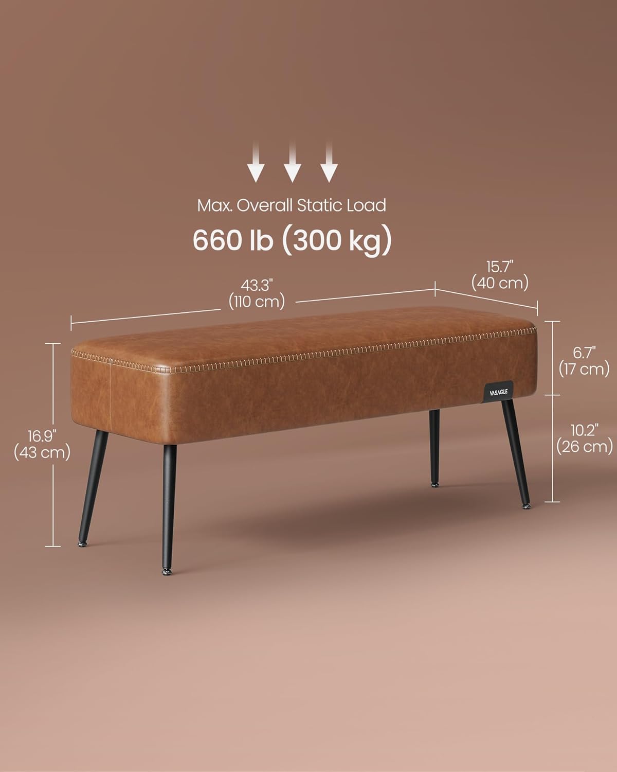 VASAGLE EKHO Collection - Bench for Entryway Bedroom, Synthetic Leather with Stitching, Ottoman Bench with Steel Legs, Living Dining Room, Mid-Century Modern, Loads 660 lb, Caramel Brown ULOM076K01-2