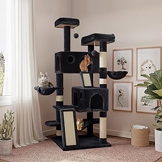 SHA CERLIN 65in Larger Cat Tree Tower Condo for Indoor Cats, Multi-Level Furniture Activity Center with Wide Base/Cozy Plush Cat Perches/Baskets/Sisal Scratching Posts and Hammock/Dark Grey