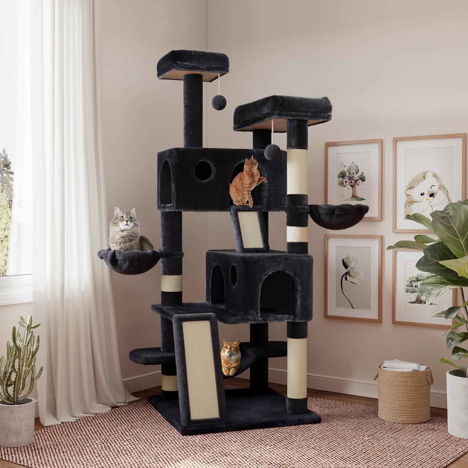 SHA CERLIN 65in Larger Cat Tree Tower Condo for Indoor Cats, Multi-Level Furniture Activity Center with Wide Base/Cozy Plush Cat Perches/Baskets/Sisal Scratching Posts and Hammock/Dark Grey-0