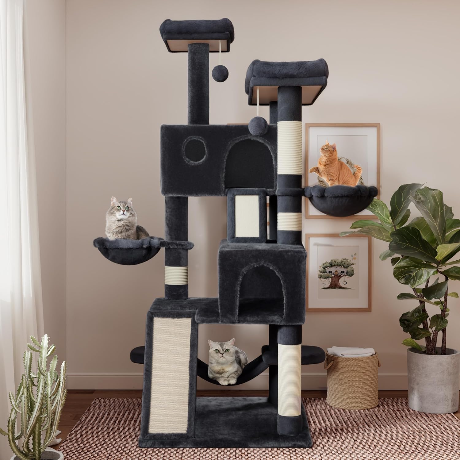 SHA CERLIN 65in Larger Cat Tree Tower Condo for Indoor Cats, Multi-Level Furniture Activity Center with Wide Base/Cozy Plush Cat Perches/Baskets/Sisal Scratching Posts and Hammock/Dark Grey-1