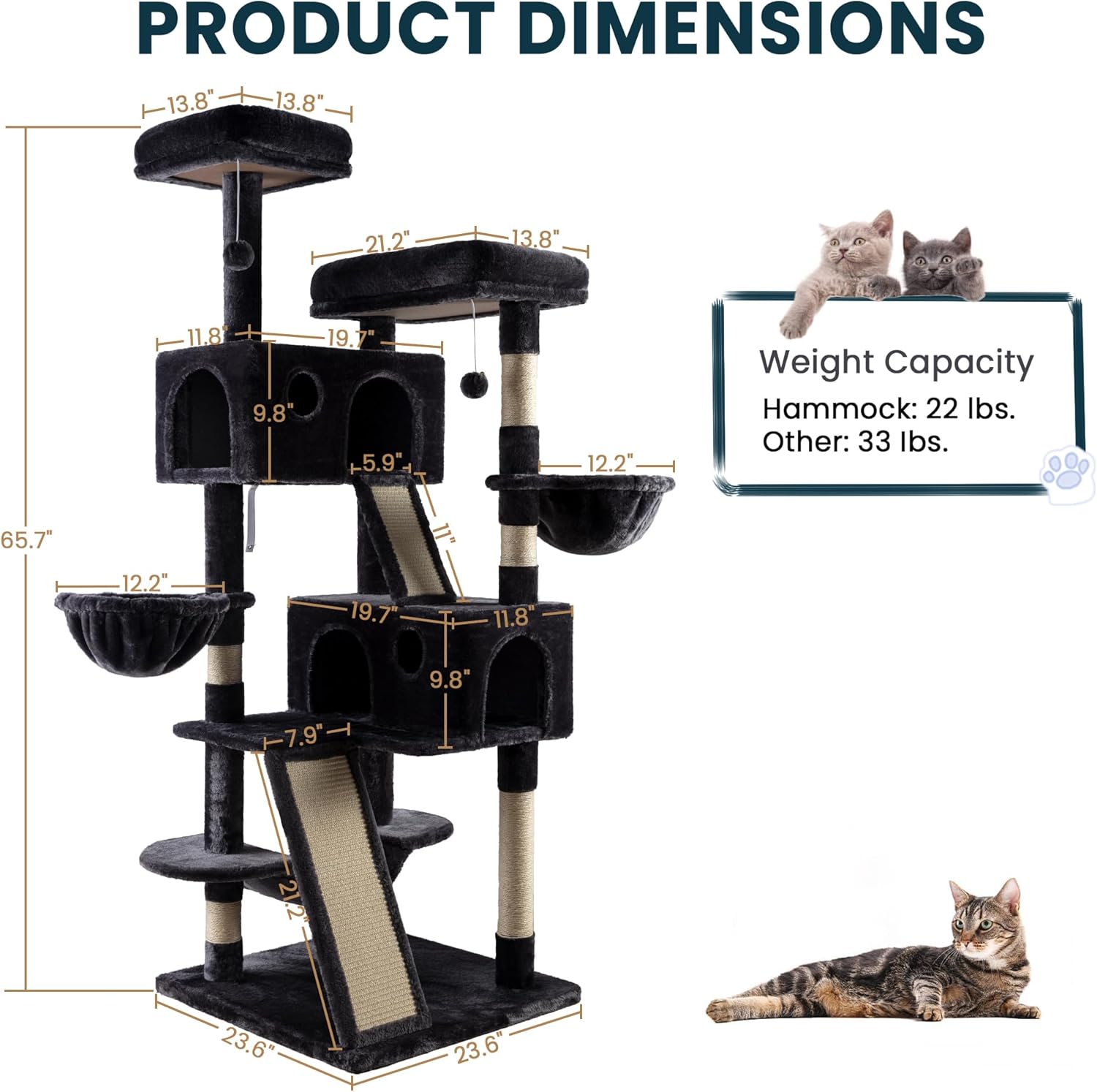 SHA CERLIN 65in Larger Cat Tree Tower Condo for Indoor Cats, Multi-Level Furniture Activity Center with Wide Base/Cozy Plush Cat Perches/Baskets/Sisal Scratching Posts and Hammock/Dark Grey-7