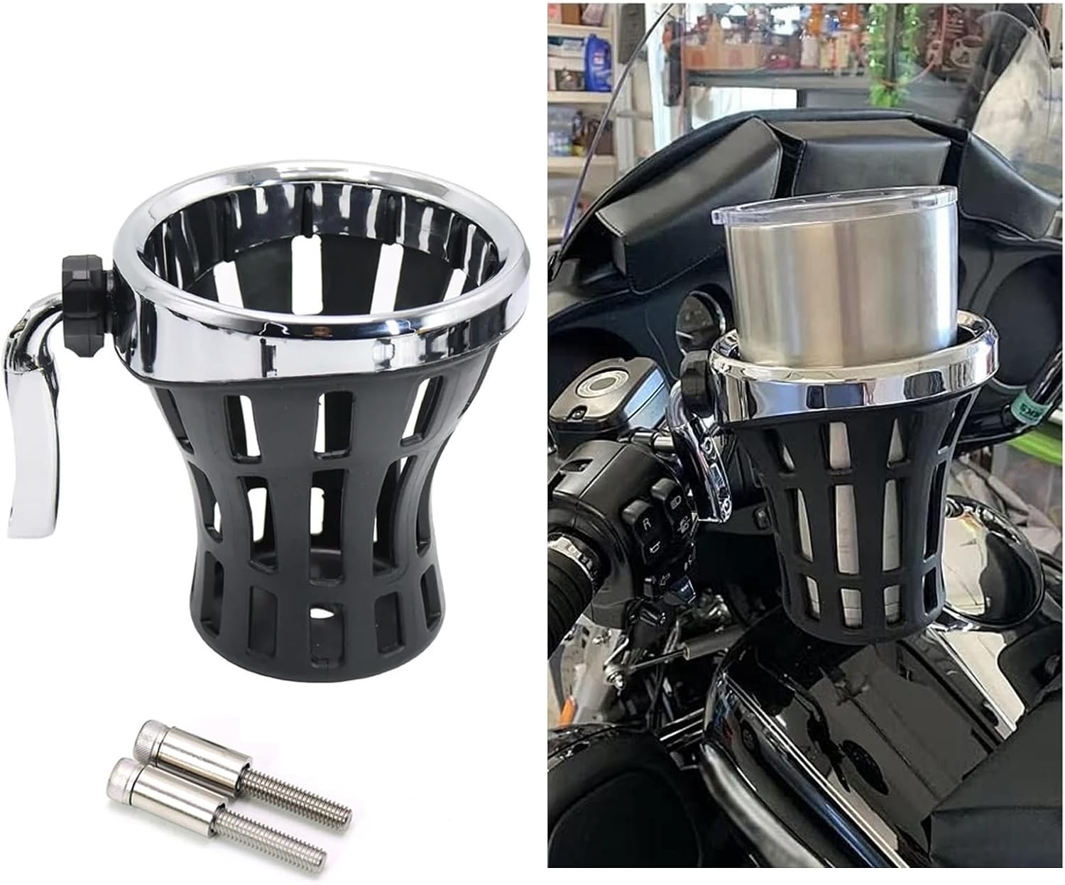 Motorcycle Handlebar Drink Cup Holder Plated and Rubber Chrome/Black Mount for Harley Davidson Passenger Water Bottle Holder with Mesh Basket for Honda Goldwing GL 1800 (102/142 MM)-0