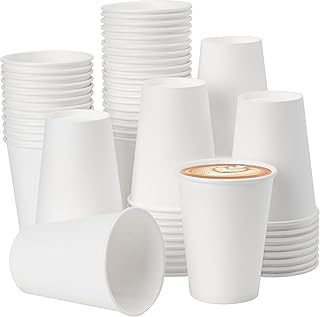 Disposable Paper Cups 12 oz [100 Pack], White Hot Coffee Cups, 12 oz Paper Coffee Cups, Thickened Design for Cafes, Bistros, Parties, and Events