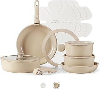 CAROTE 15pcs Ceramic Cookware Set, Pots and Pans Set, Induction Nonstick Kitchen Cookware Sets, Non Stick RV Cookware Set with Detachable Handle, Dishwasher/Oven Safe Cookware Set, Taupe