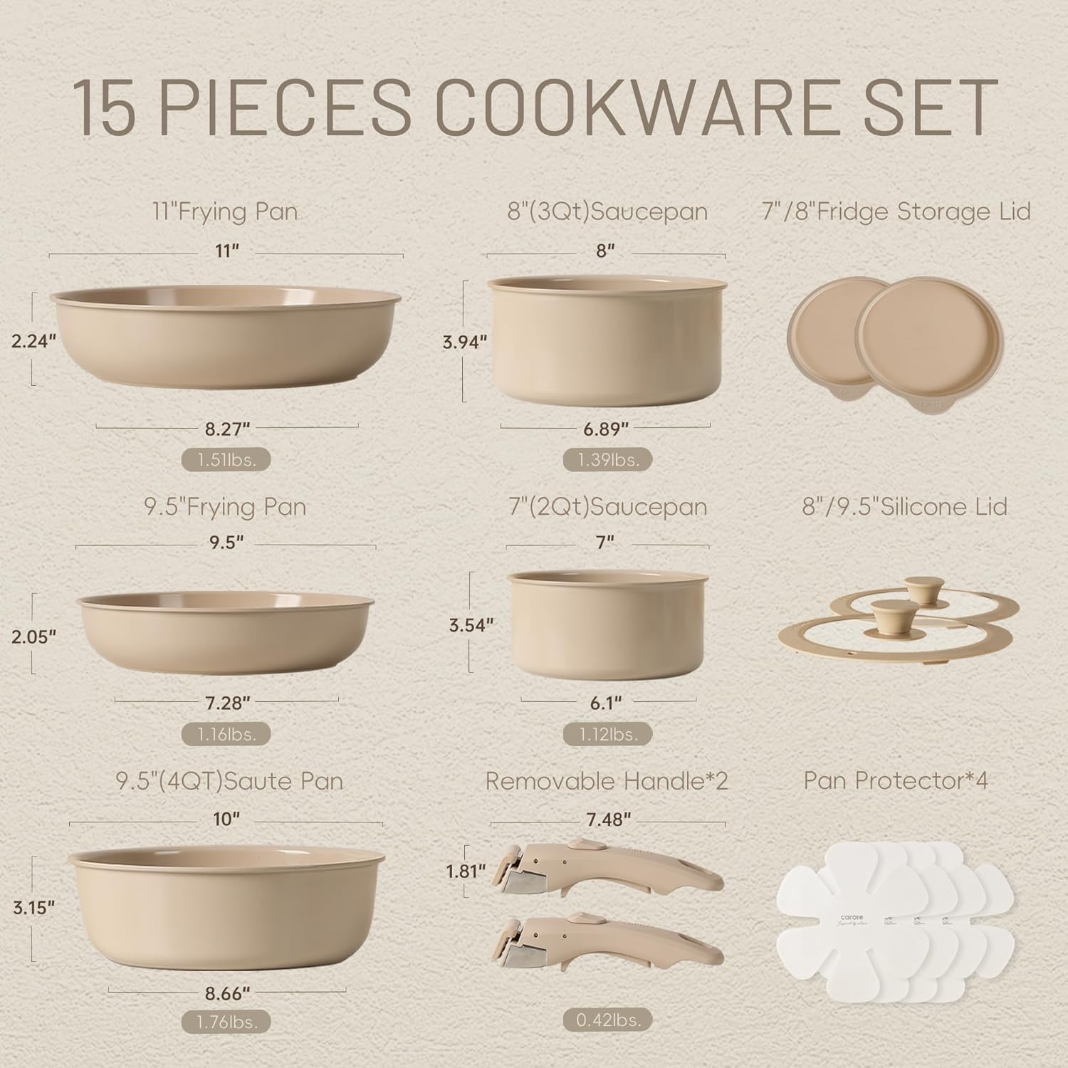 CAROTE 15pcs Ceramic Cookware Set, Pots and Pans Set, Induction Nonstick Kitchen Cookware Sets, Non Stick RV Cookware Set with Detachable Handle, Dishwasher/Oven Safe Cookware Set, Taupe-1