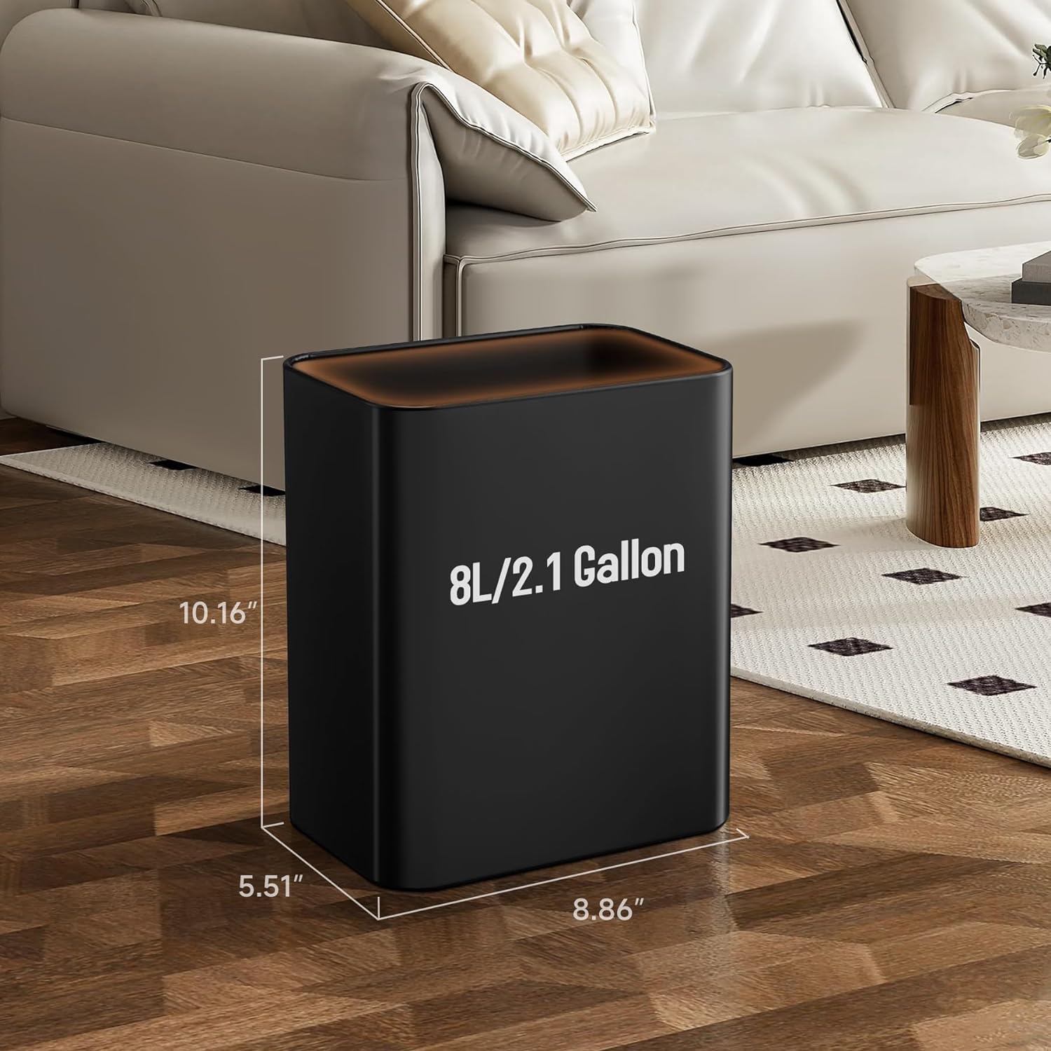 Small Metal Trash Can, 2.1 Gallon Slim Trash Can for Bathroom, Wastebasket Garbage Bin for Bedroom, Office, Kitchen, Under Sink (Matte Black)-3