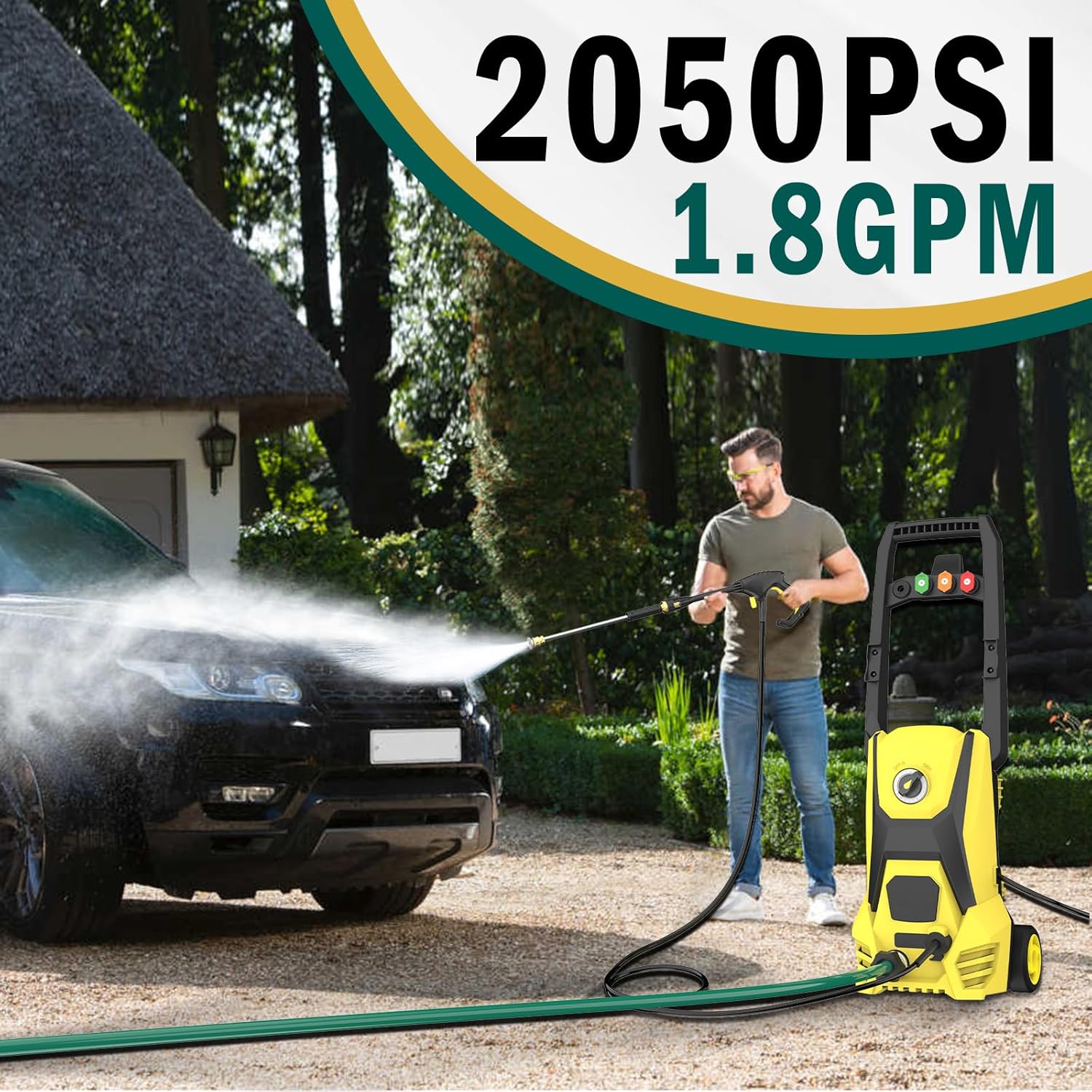 Electric Pressure Washer - 2050PSI Power Washer with Spray Gun, 20FT Hose, 35FT Power Cord, 4 Nozzles, Soap Bottle, High Pressure Washer for Driveway, Cleaning Car, Fences, Pool, Patios-2