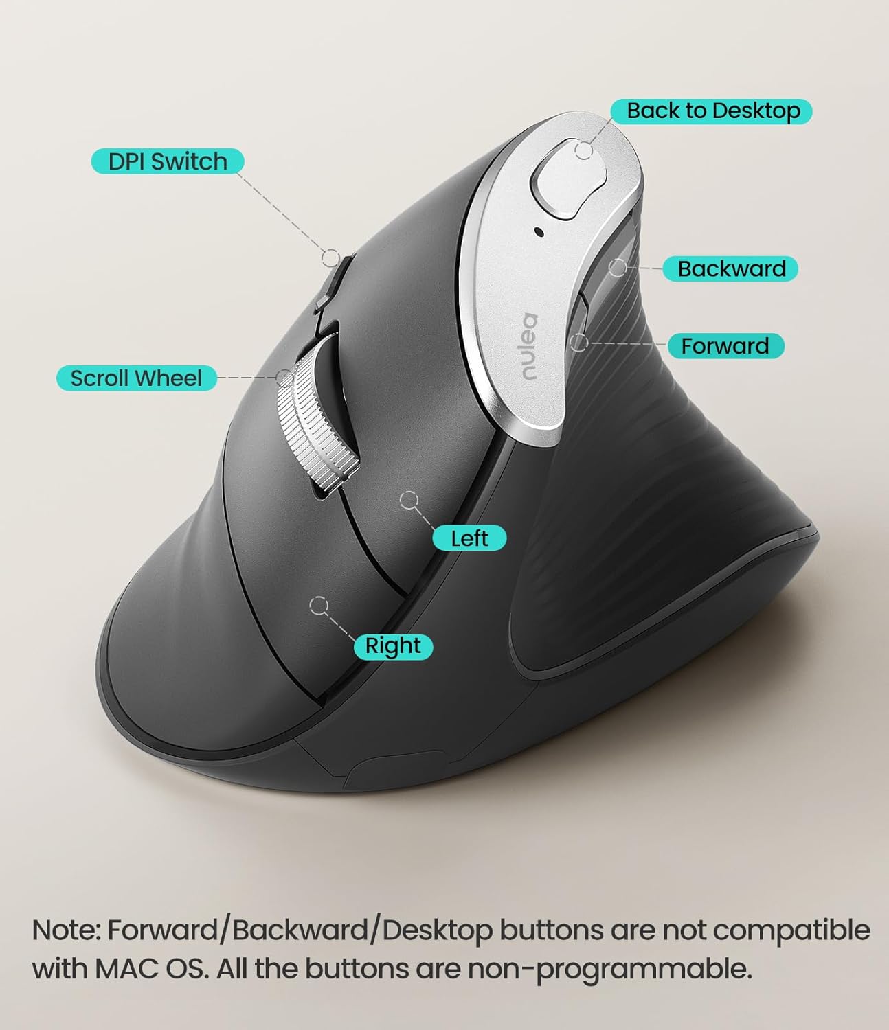 Nulea M510 Vertical Mouse Wireless, Ergonomic Mouse for Comfy Tracking, 3 Adjustable DPI (800-1200-1600), 2.4G Wireless Vertical Mouse with 6 Buttons, Compatible with Windows, Mac OS, Laptop, PC, Grey-4