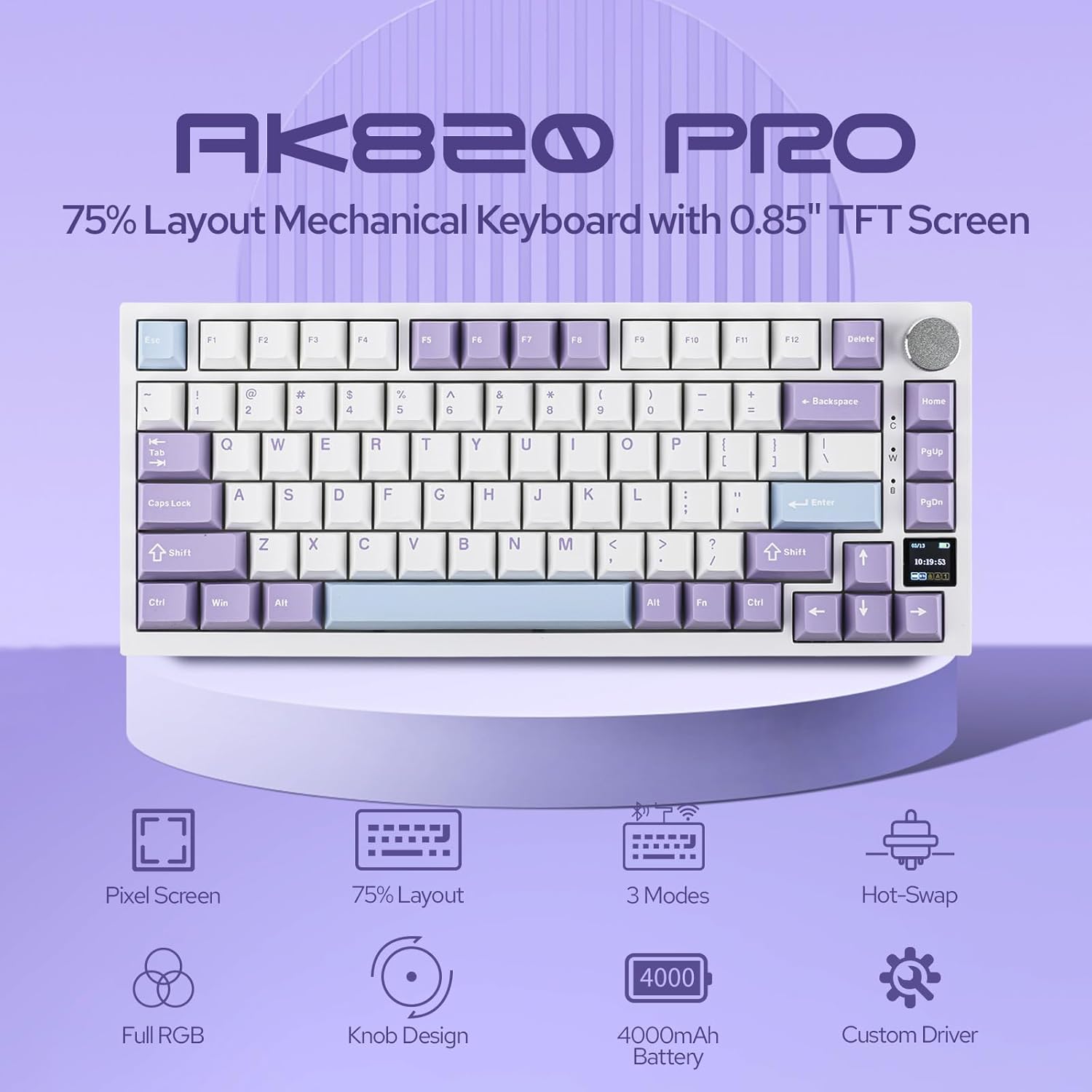 EPOMAKER Ajazz AK820 Pro 75% Mechanical Keyboard, Gasket-Mounted Gaming Keyboard with TFT Smart Display&Knob, Bluetooth 5.1/2.4G Wireless/Type-C Wired Custom Keyboard (Purple, Gift Switch)-1