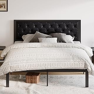 Allewie King Bed Frame with Faux Leather Upholstered Headboard, Chic Diamond Stitched Tufted Design, No Box Spring Needed, Black