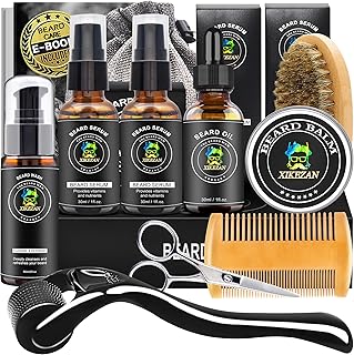 XIKEZAN Beard Kit - Includes Beard Wash, Serum (2 Pack), Oil, Balm, Comb, Brush, Scissors, Bag, E-Book - Ideal Stocking Stuffer Gifts for Men, Him,Boyfriend Husband,Dad