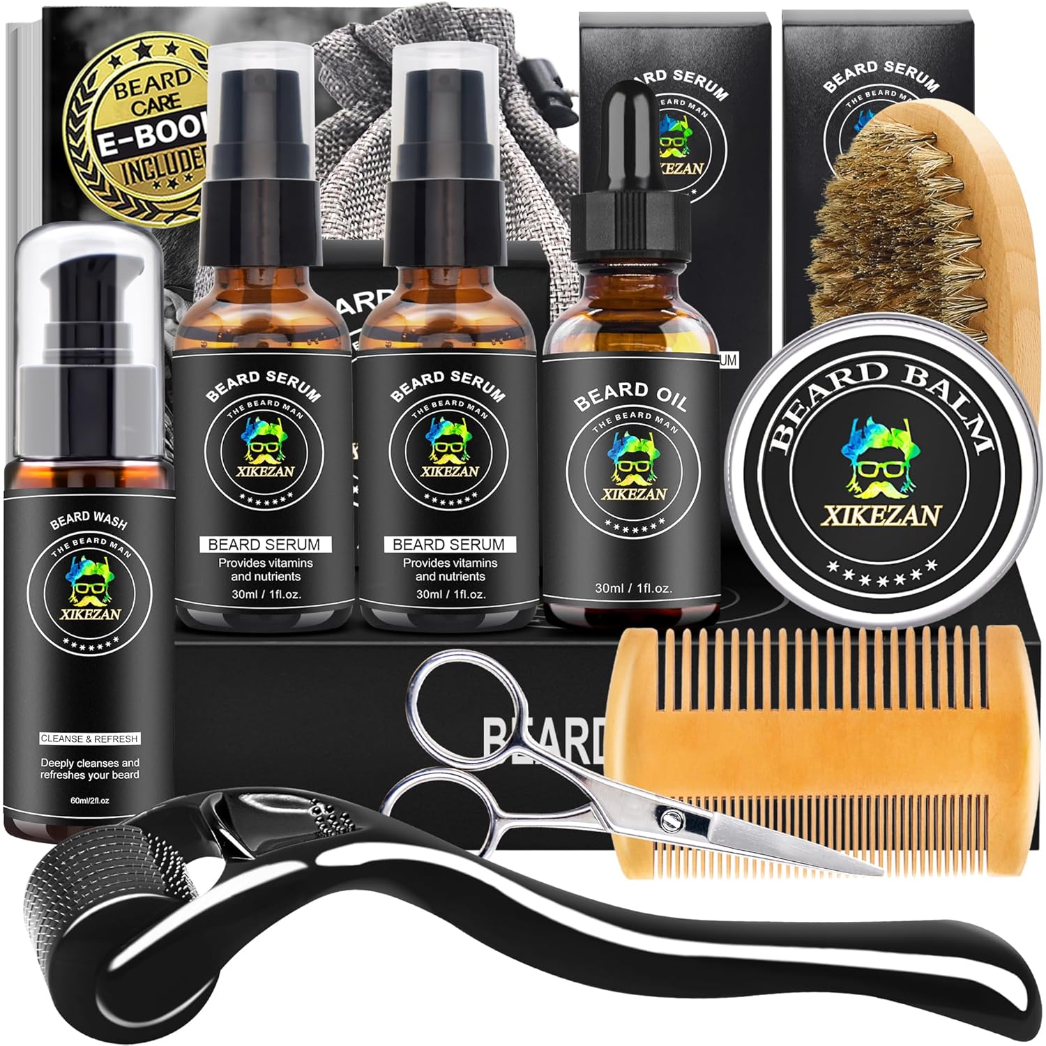 XIKEZAN Beard Kit - Includes Beard Wash, Serum (2 Pack), Oil, Balm, Comb, Brush, Scissors, Bag, E-Book - Ideal Stocking Stuffer Gifts for Men, Him,Boyfriend Husband,Dad-0