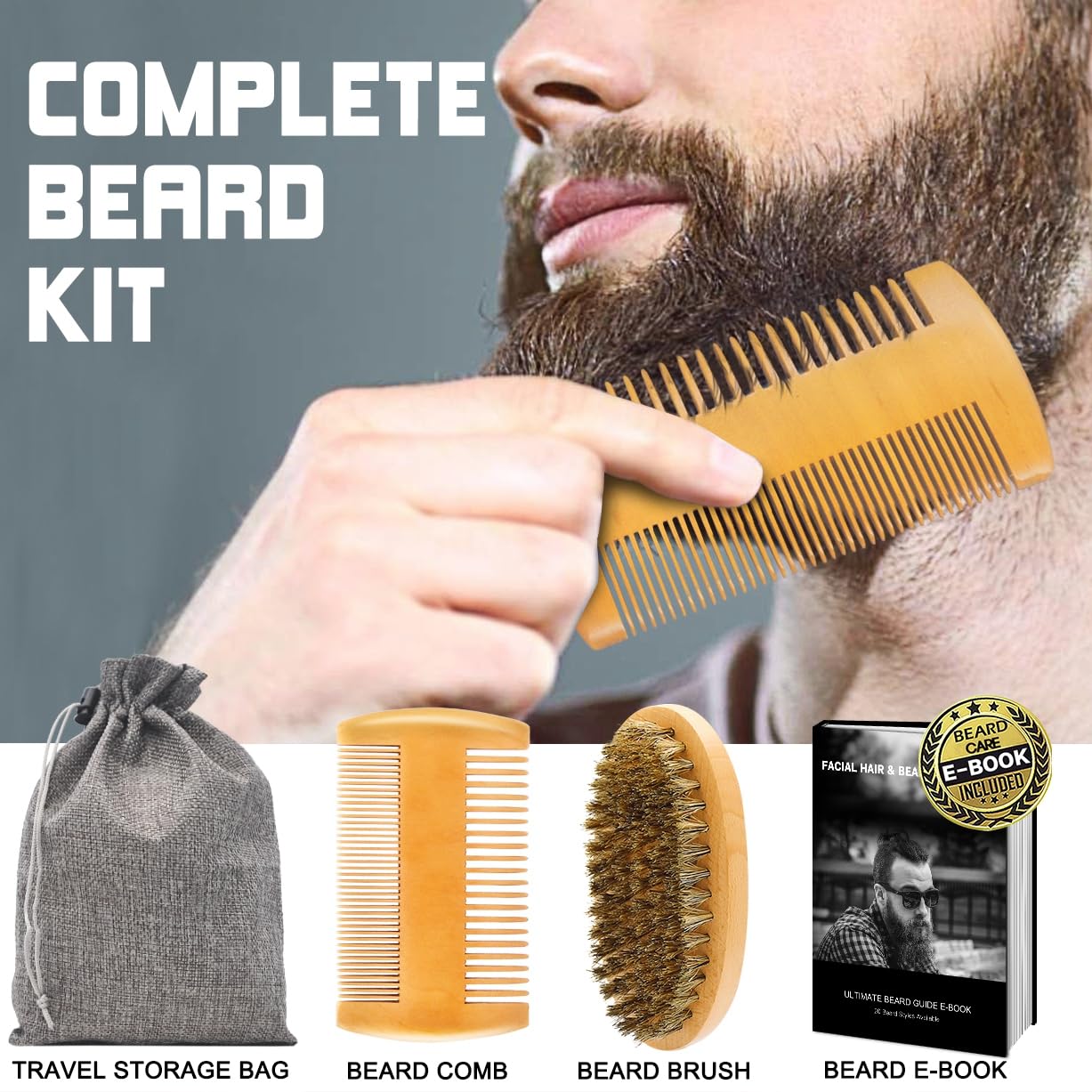 XIKEZAN Beard Kit - Includes Beard Wash, Serum (2 Pack), Oil, Balm, Comb, Brush, Scissors, Bag, E-Book - Ideal Stocking Stuffer Gifts for Men, Him,Boyfriend Husband,Dad-4