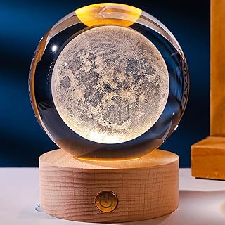 6cm 3D Crystal Ball Lamp, Luminous Clear Sculpture Round Astronomy Ball Night Light with Base, Miniature Sculpture Ball Night Light for Kids Teens Boys and Girls (Moon Crystal