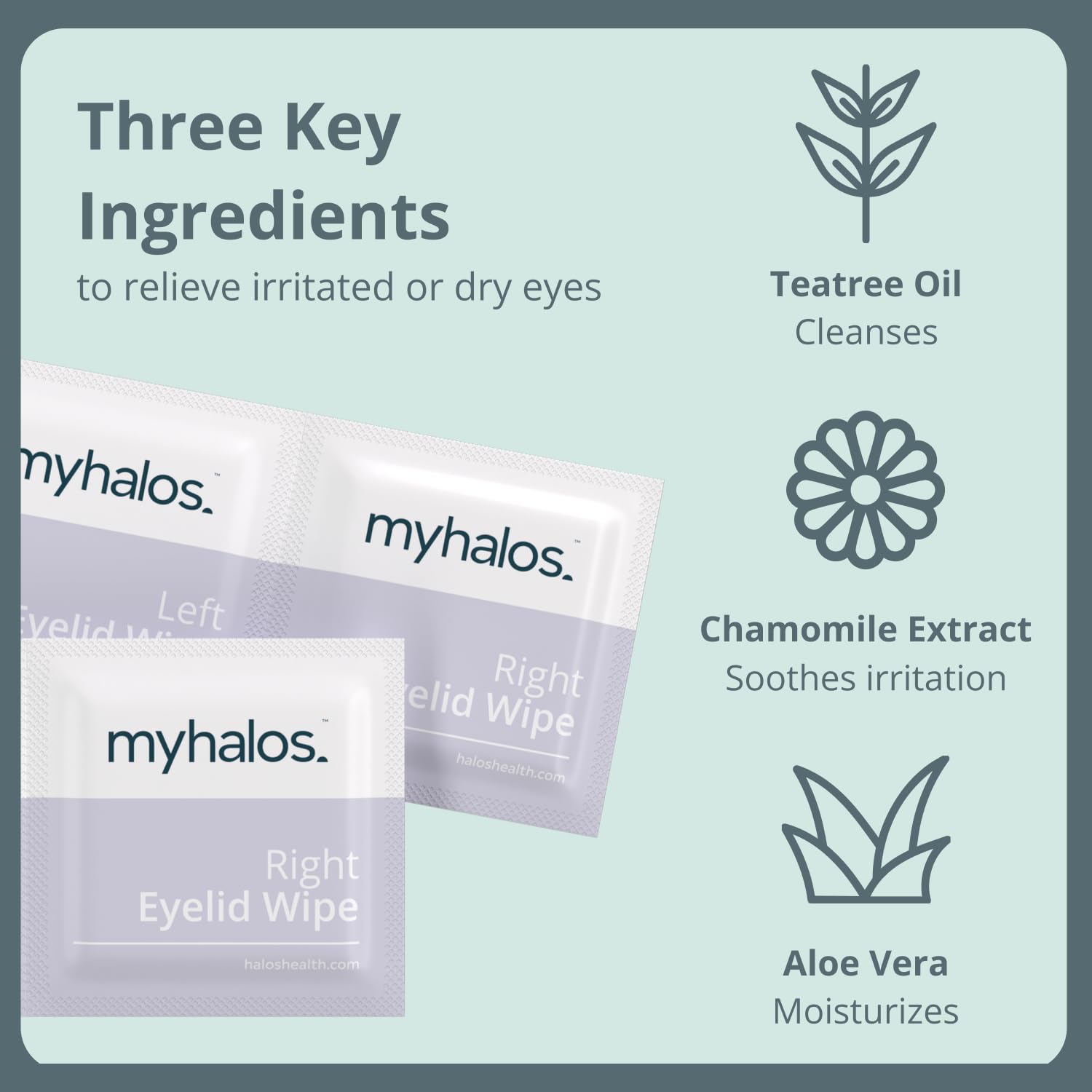 MyHalos 48 Hydrating Eyelid Wipes for Dry Eye Relief and Computer Vision Syndrome - Moisturising and Soothing Eye Wipes for Dry Eyes, Helps with Blepharitis - Gentle Formula with Tea Tree-2