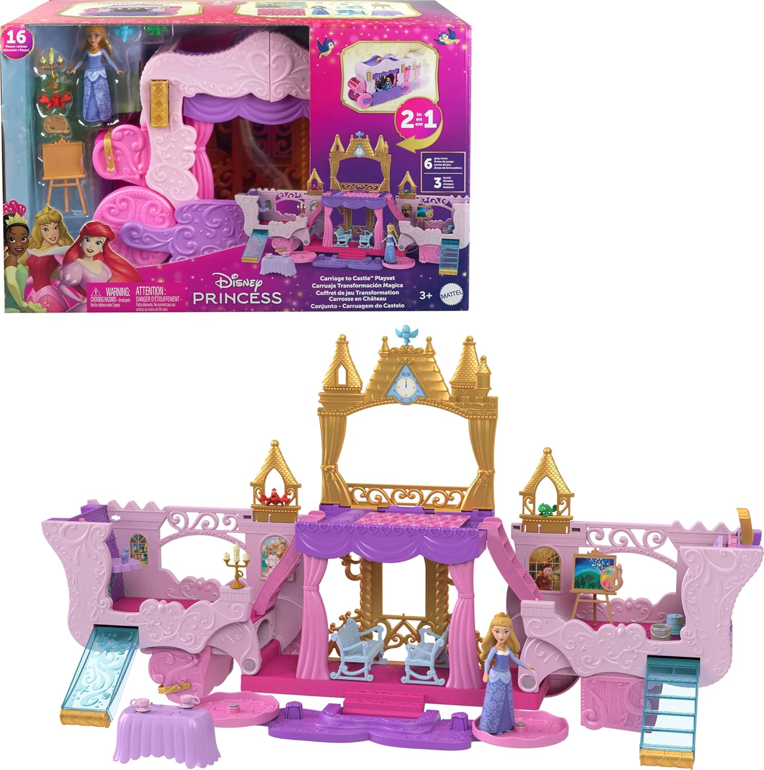 Mattel Disney Princess Toys, Carriage to Castle Transforming Playset with Aurora Small Doll, 3 Levels, 6 Play Areas, 4 Figures, Furniture & Accessories-0