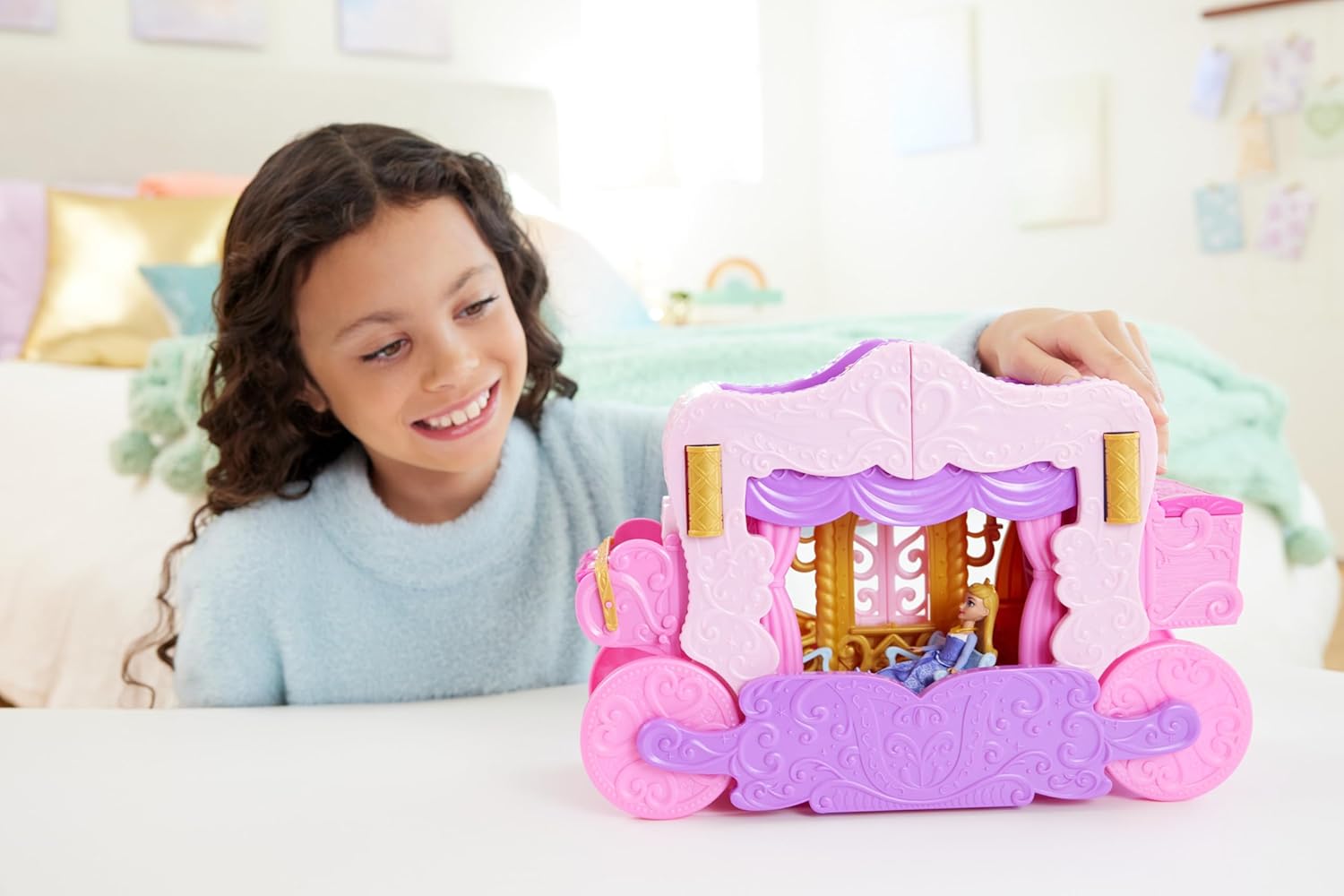 Mattel Disney Princess Toys, Carriage to Castle Transforming Playset with Aurora Small Doll, 3 Levels, 6 Play Areas, 4 Figures, Furniture & Accessories-1