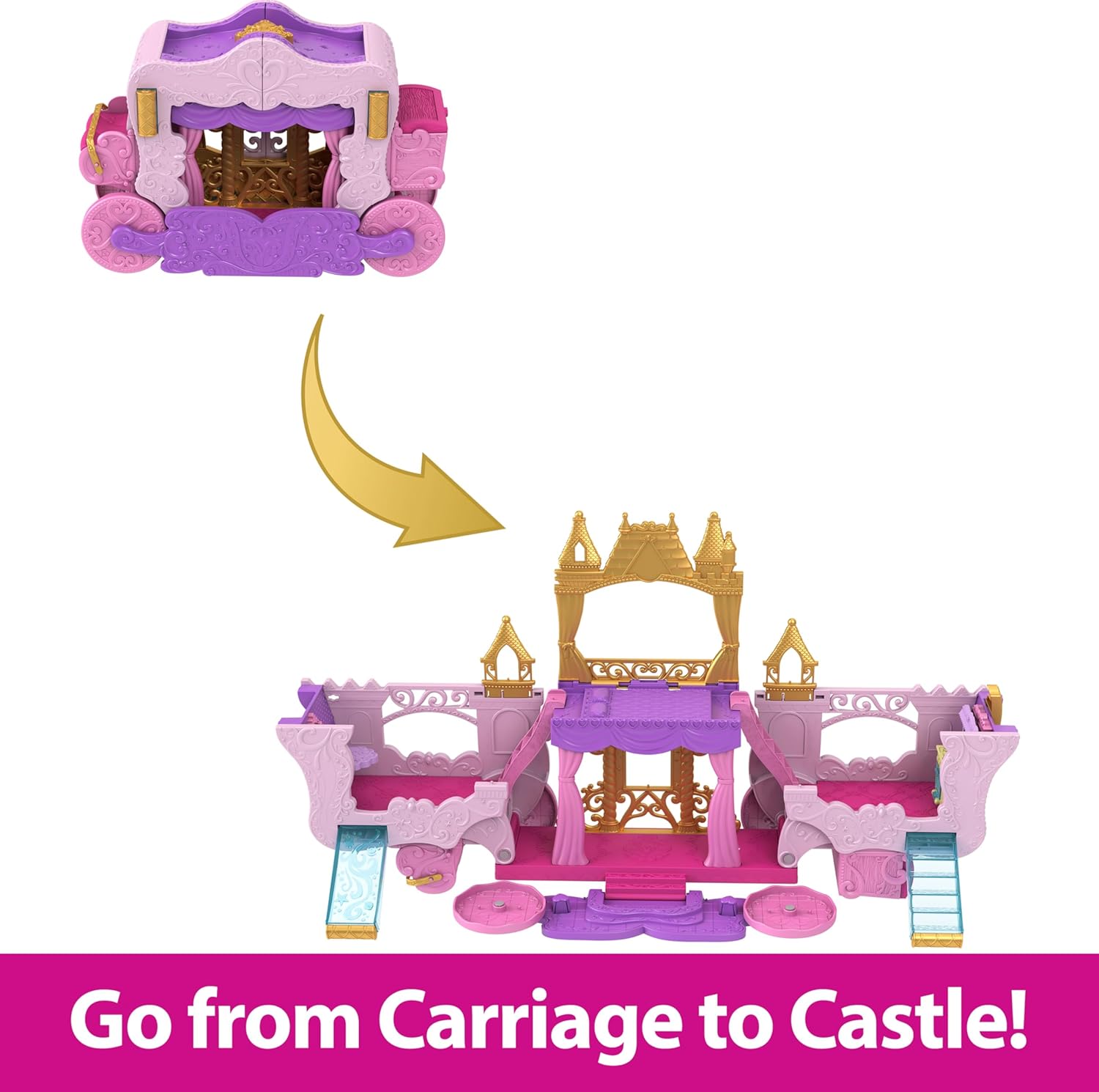 Mattel Disney Princess Toys, Carriage to Castle Transforming Playset with Aurora Small Doll, 3 Levels, 6 Play Areas, 4 Figures, Furniture & Accessories-2