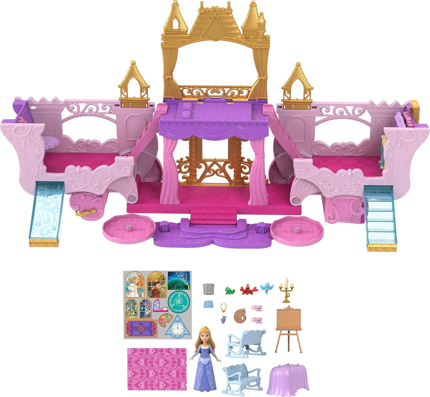 Mattel Disney Princess Toys, Carriage to Castle Transforming Playset with Aurora Small Doll, 3 Levels, 6 Play Areas, 4 Figures, Furniture & Accessories-4