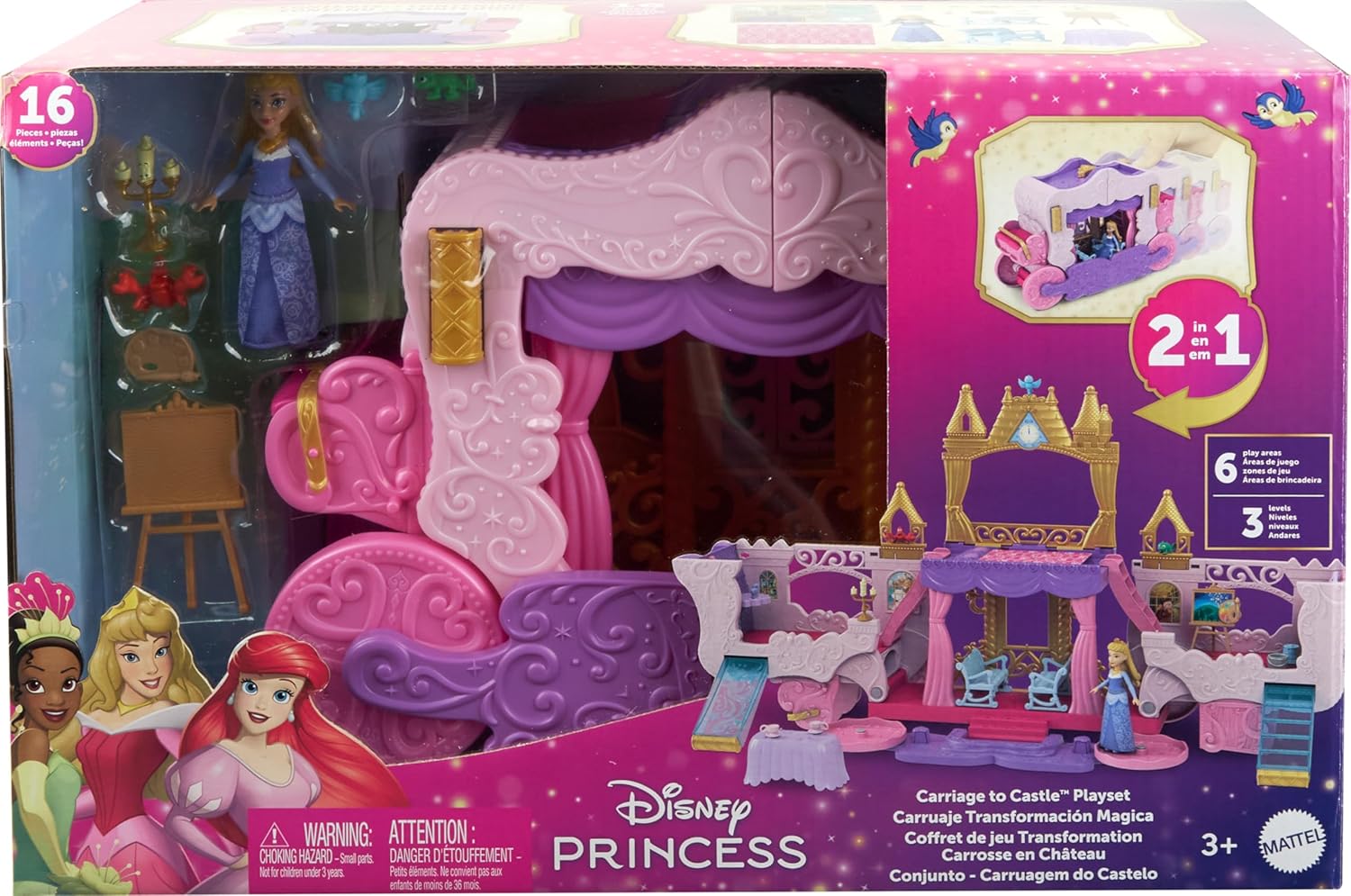 Mattel Disney Princess Toys, Carriage to Castle Transforming Playset with Aurora Small Doll, 3 Levels, 6 Play Areas, 4 Figures, Furniture & Accessories-5