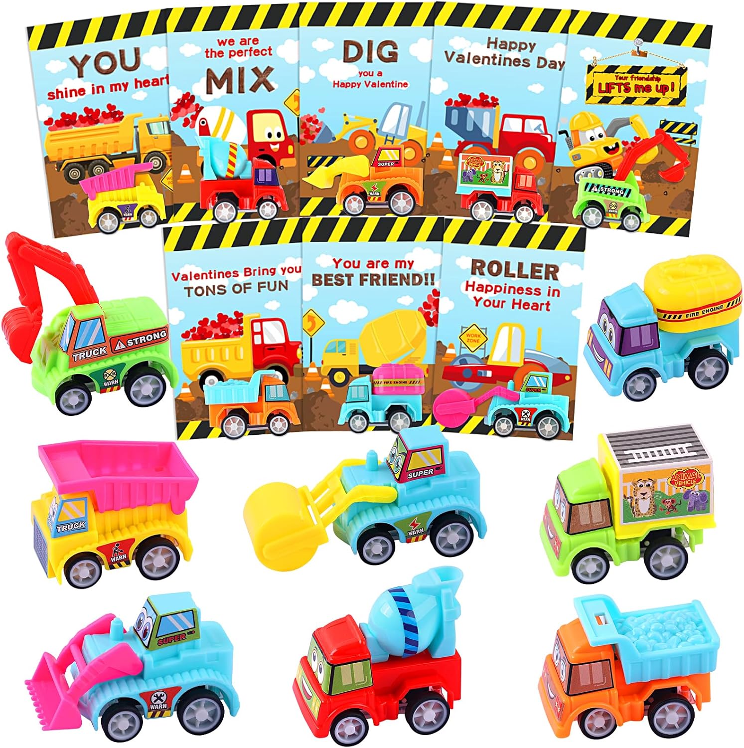 Valentines Day Gifts for Kids, 32 Pack Trucks Valentines Day Cards for Kids with Construction Vehicles Toys, Pull Back Cars Sets Valentines Day Exchange Cards for Boys Classroom School Party Favors-0