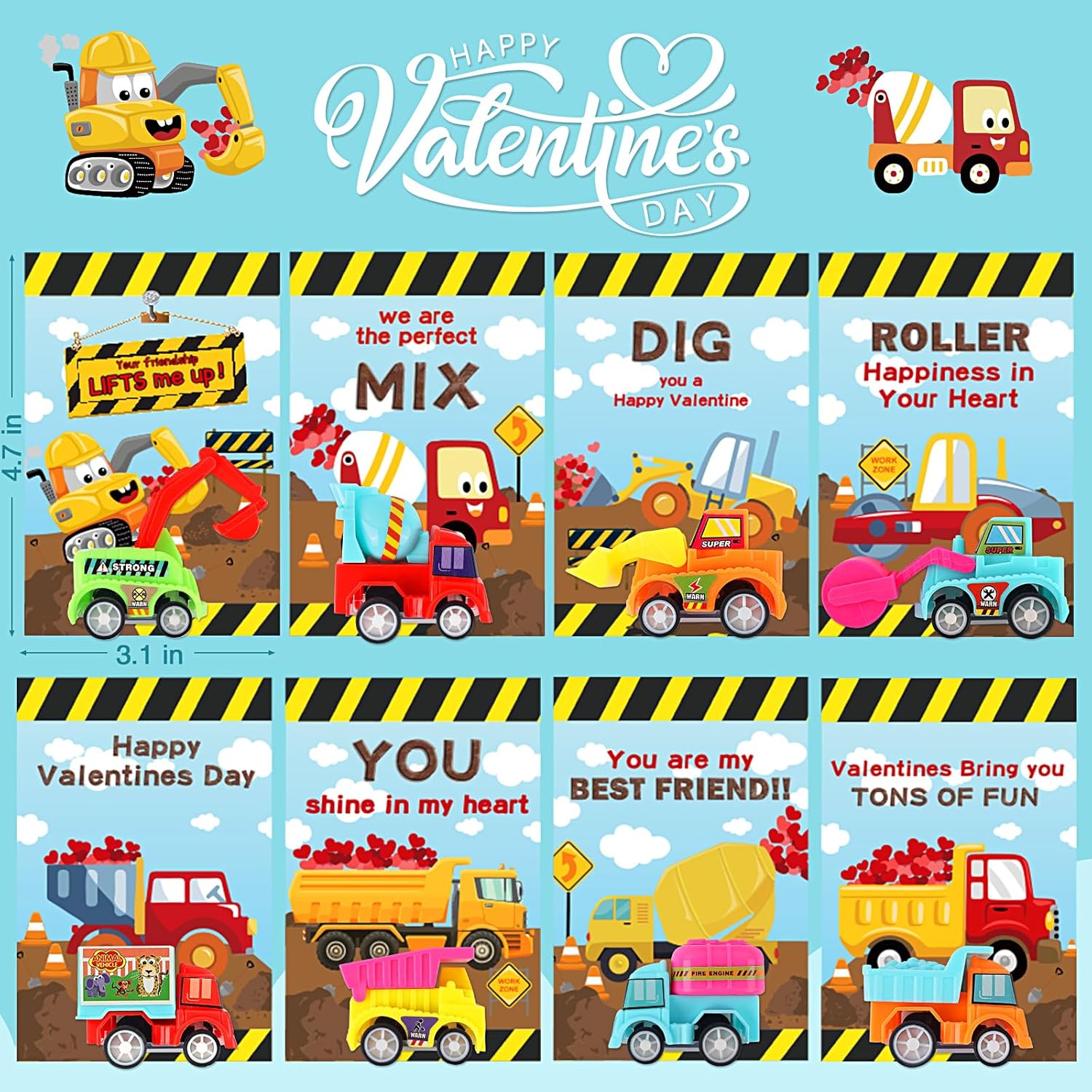 Valentines Day Gifts for Kids, 32 Pack Trucks Valentines Day Cards for Kids with Construction Vehicles Toys, Pull Back Cars Sets Valentines Day Exchange Cards for Boys Classroom School Party Favors-2