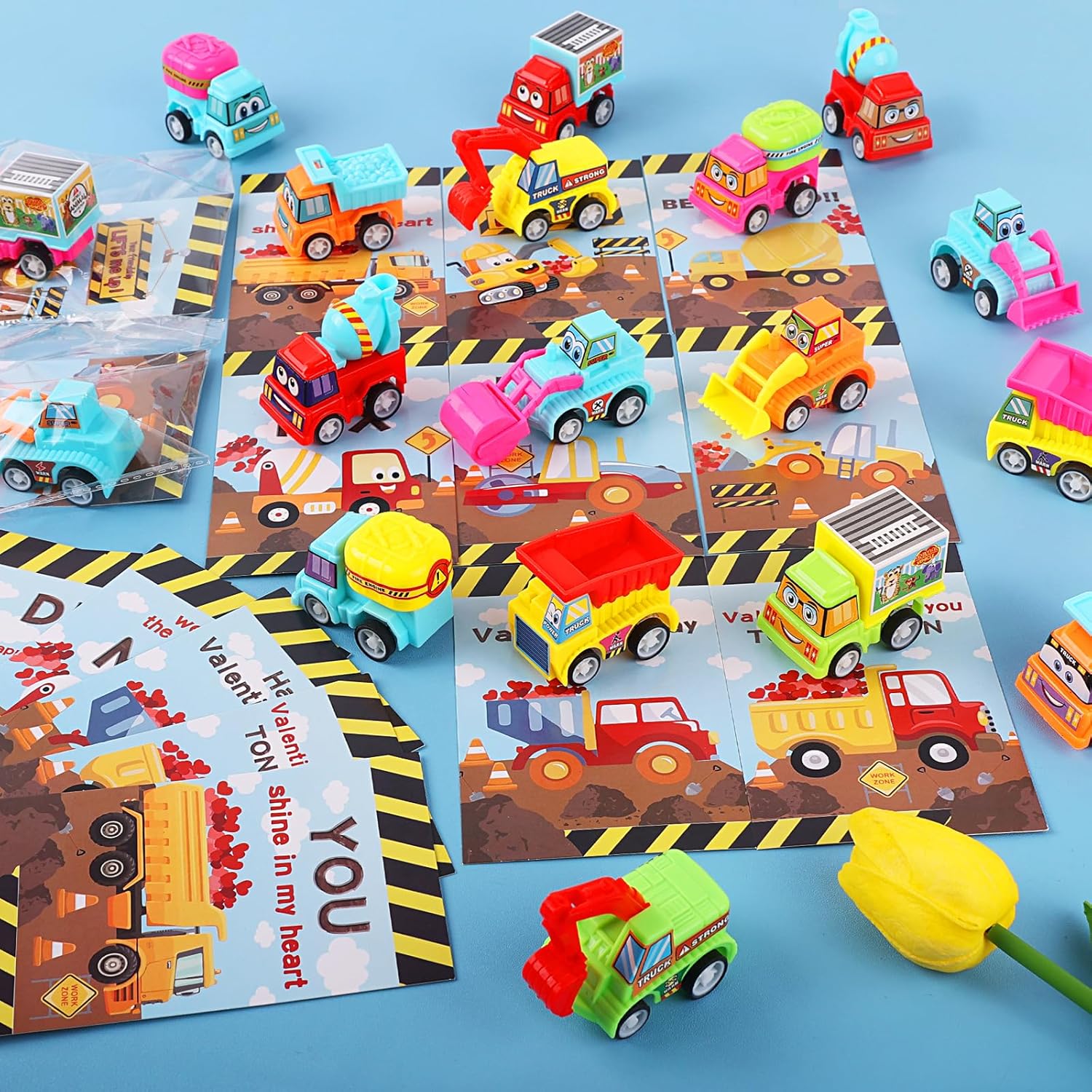 Valentines Day Gifts for Kids, 32 Pack Trucks Valentines Day Cards for Kids with Construction Vehicles Toys, Pull Back Cars Sets Valentines Day Exchange Cards for Boys Classroom School Party Favors-3