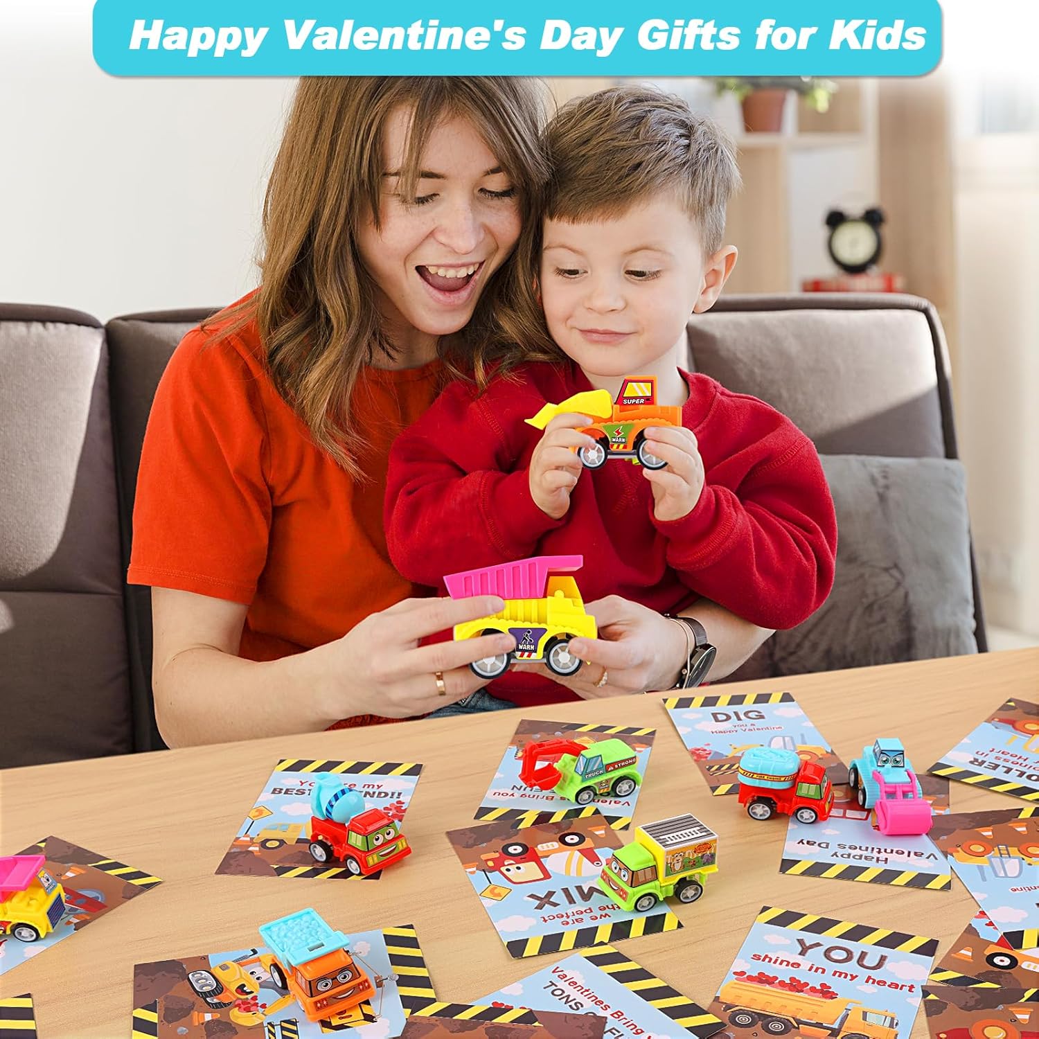 Valentines Day Gifts for Kids, 32 Pack Trucks Valentines Day Cards for Kids with Construction Vehicles Toys, Pull Back Cars Sets Valentines Day Exchange Cards for Boys Classroom School Party Favors-4