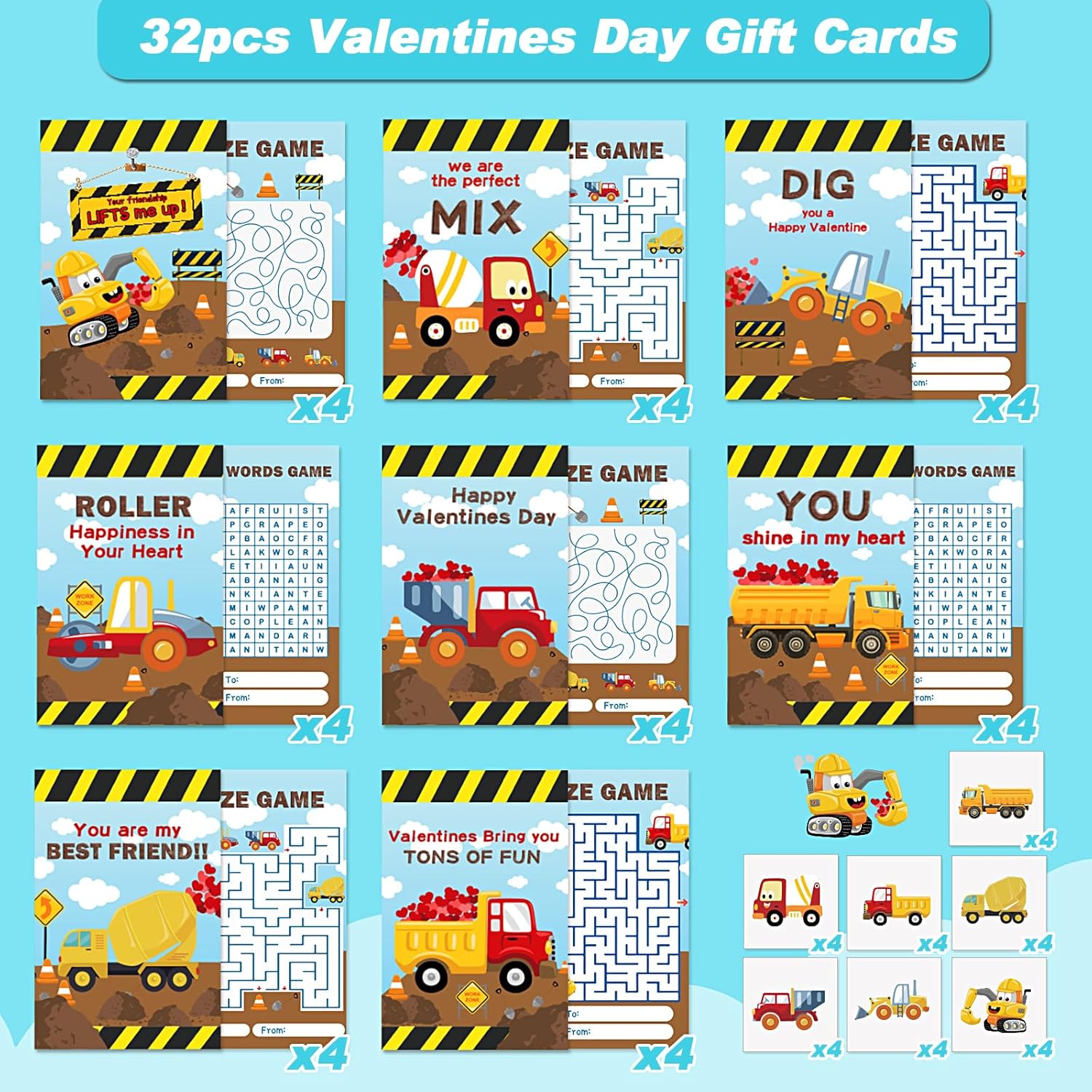 Valentines Day Gifts for Kids, 32 Pack Trucks Valentines Day Cards for Kids with Construction Vehicles Toys, Pull Back Cars Sets Valentines Day Exchange Cards for Boys Classroom School Party Favors-5