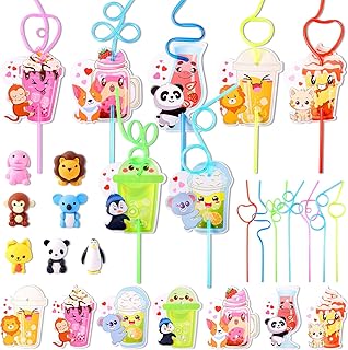 Valentines Day Cards For Kids, 28 Packs Valentines Day Gifts With Reusable Drinking Straws And Animal Toys, Valentine Exchange Pack For School Classroom Prizes, Valentines Party Favor And Supplies