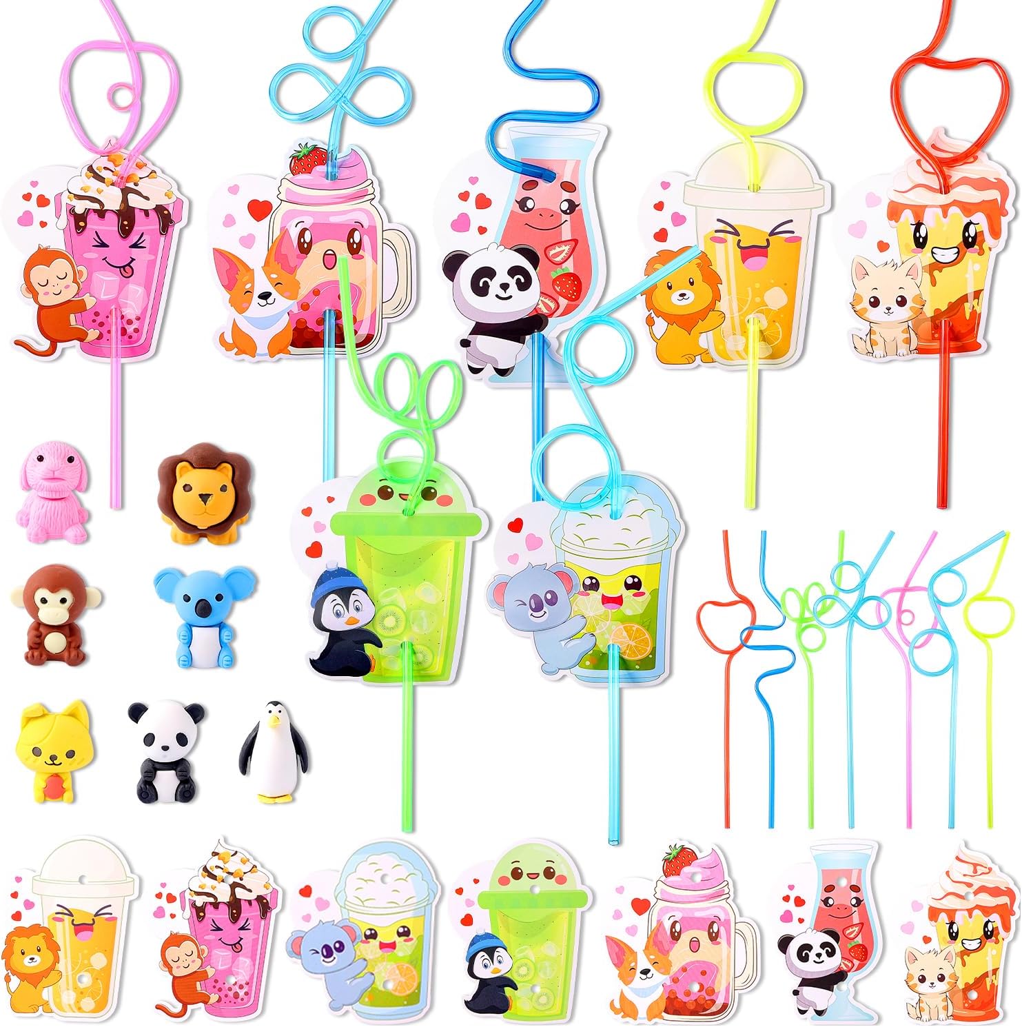 Valentines Day Cards For Kids, 28 Packs Valentines Day Gifts With Reusable Drinking Straws And Animal Toys, Valentine Exchange Pack For School Classroom Prizes, Valentines Party Favor And Supplies-0