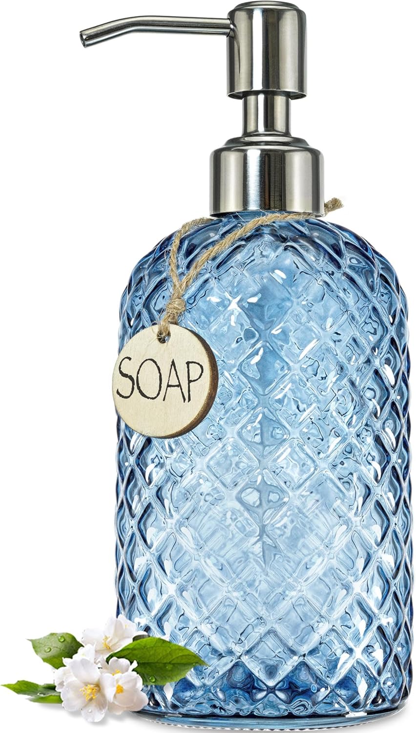 JASAI 18Oz Gem Patterned Glass Soap Dispenser for Kitchen, Refillable Hand Soap Dispenser with Rust Proof Stainless Steel Pump, Clear Soap Dispenser Bathroom for Dish Soap, Hand soap, Lotion(Blue)-0