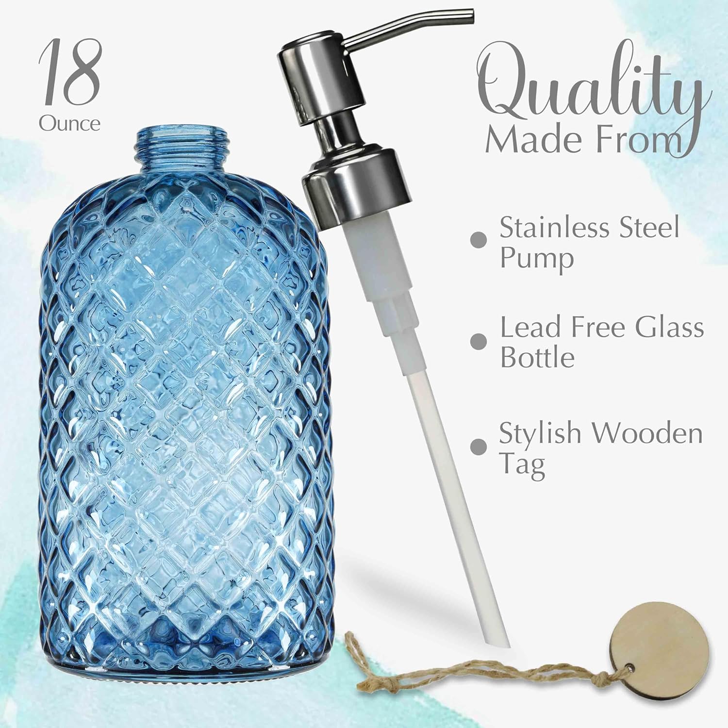 JASAI 18Oz Gem Patterned Glass Soap Dispenser for Kitchen, Refillable Hand Soap Dispenser with Rust Proof Stainless Steel Pump, Clear Soap Dispenser Bathroom for Dish Soap, Hand soap, Lotion(Blue)-1