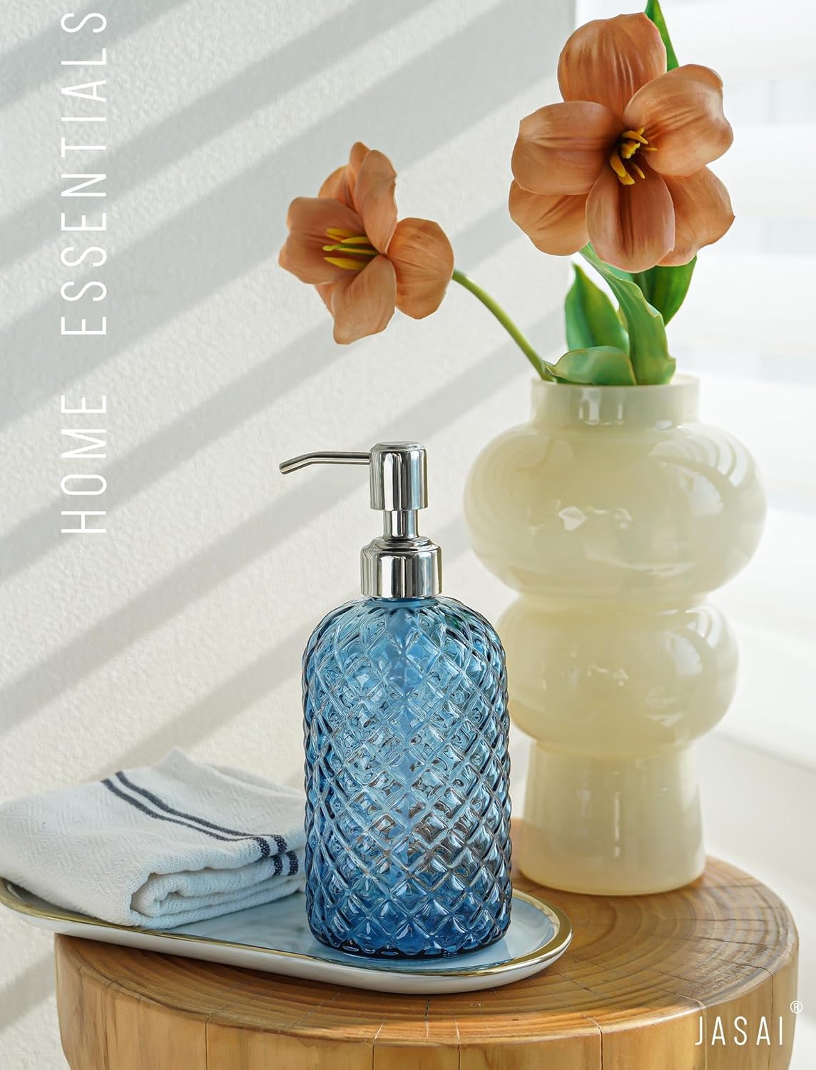 JASAI 18Oz Gem Patterned Glass Soap Dispenser for Kitchen, Refillable Hand Soap Dispenser with Rust Proof Stainless Steel Pump, Clear Soap Dispenser Bathroom for Dish Soap, Hand soap, Lotion(Blue)-5