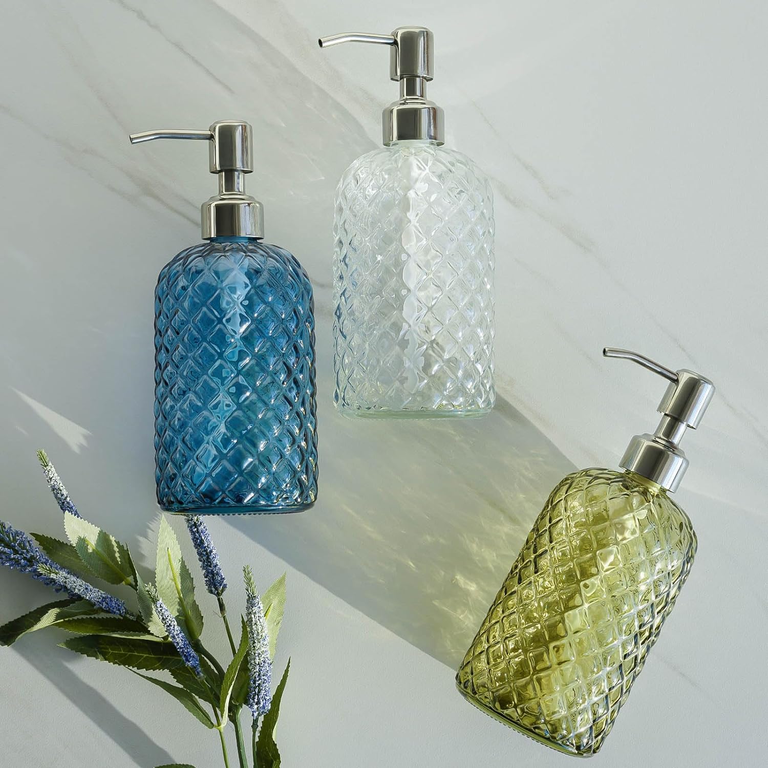 JASAI 18Oz Gem Patterned Glass Soap Dispenser for Kitchen, Refillable Hand Soap Dispenser with Rust Proof Stainless Steel Pump, Clear Soap Dispenser Bathroom for Dish Soap, Hand soap, Lotion(Blue)-6