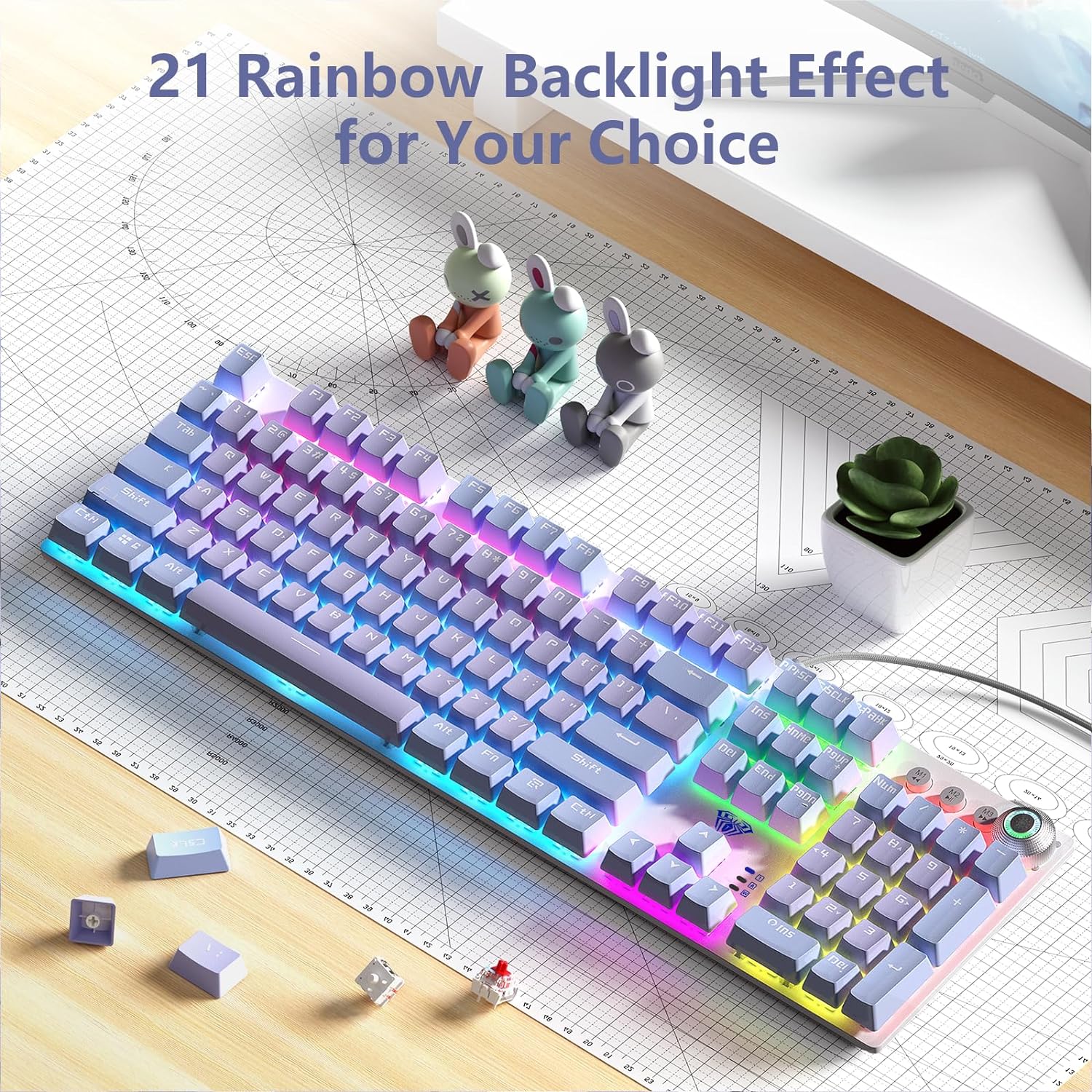 AULA Keyboard, F2088 Pro 108 Keys Purple Mechanical Red Switches Keyboard with RGB Rainbow Backlit, Removable Upper Cover,Aesthetic Media Control Knob Programmable USB Wired Keyboards for MAC PC Gamer-2