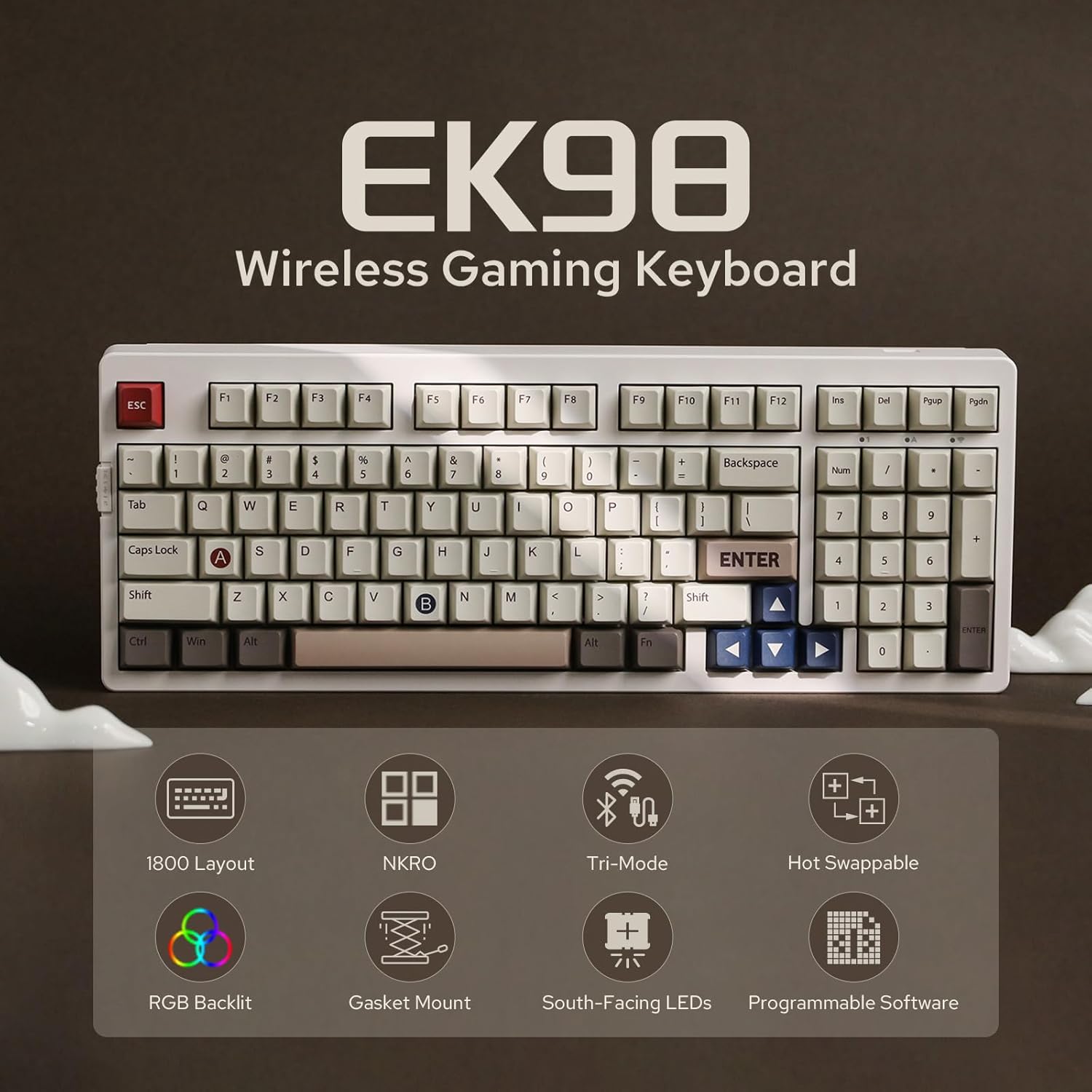 EPOMAKER EK98 Wireless Gaming Keyboard, Tri-Mode Bluetooth/2.4Ghz/USB-C Wired Mechanical Keyboard, Hot Swappable Creamy Keyboard, RGB Backlit Custom Keyboard (White, Zebra Switch)-1