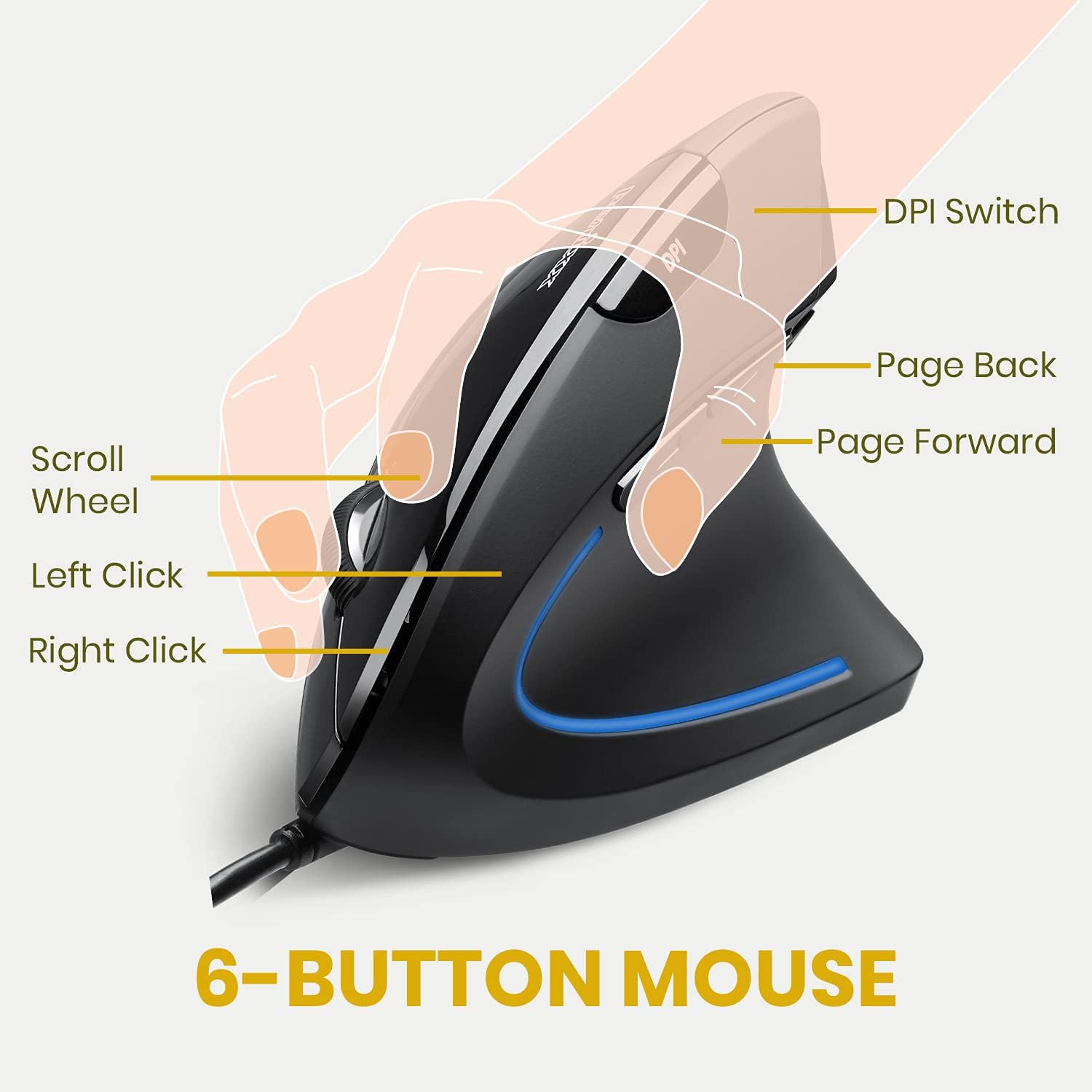 Perixx PERIMICE-513 Wired Ergonomic Vertical Mouse - 6 Buttons with 1000/1600 DPI - Right-Handed Design - Wired USB 5.9ft Cable - Black-1