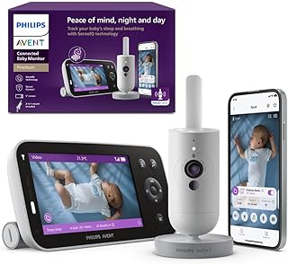 Philips Avent Premium Connected Baby Monitor, with 1080p Camera and App, SenseIQ Sleep and Breathing Rate Tracking, Cry Detection and Translation, Day and Night View, Two-way True Talk Back, SCD973/37