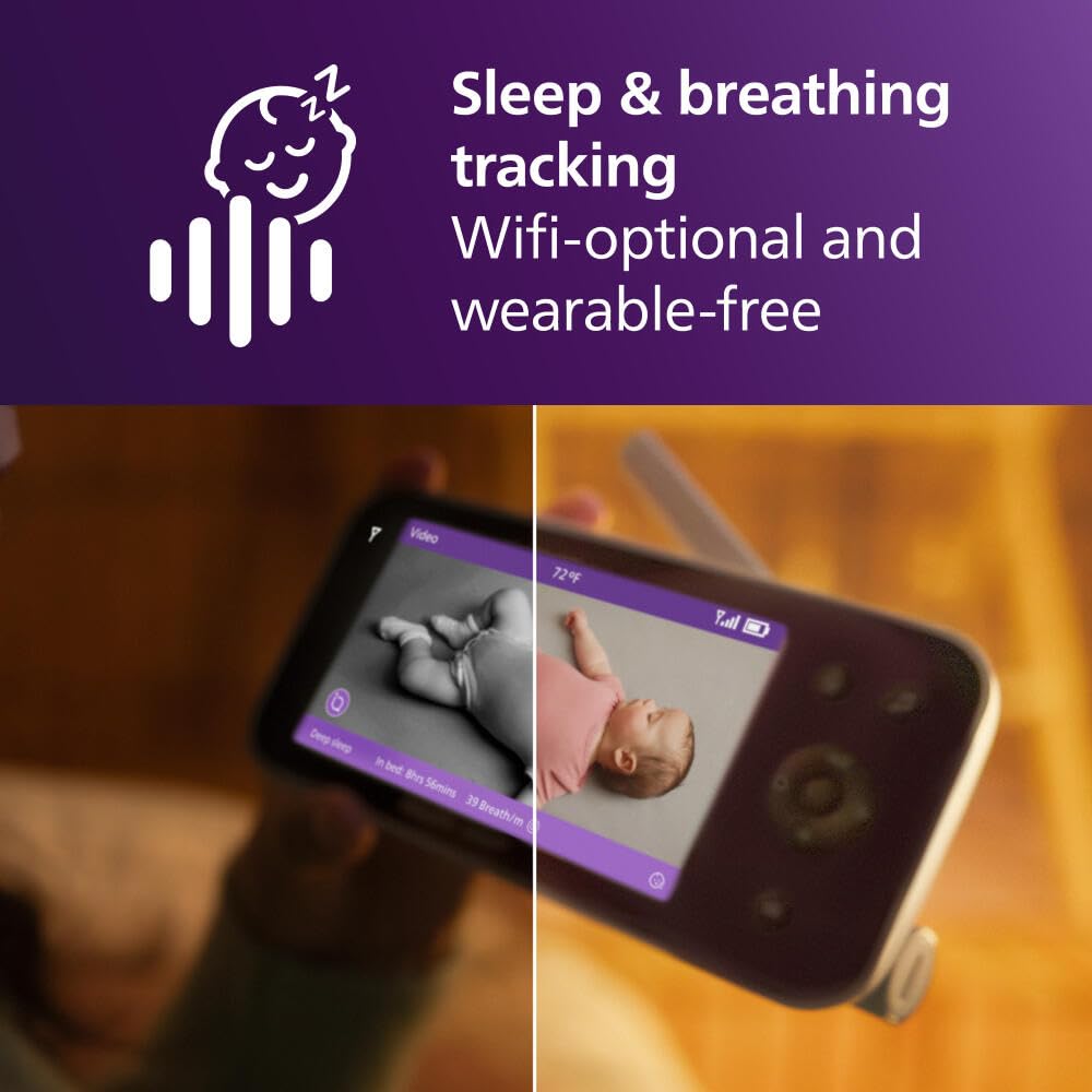 Philips Avent Premium Connected Baby Monitor, with 1080p Camera and App, SenseIQ Sleep and Breathing Rate Tracking, Cry Detection and Translation, Day and Night View, Two-way True Talk Back, SCD973/37-2