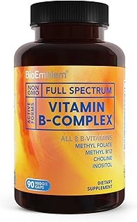 BioEmblem Vitamin B-Complex - All 8 Active Forms with Methyl Folate, Methyl B12, B6, Biotin Plus Choline Inositol, Supports Energy, Metabolism, Brain, Heart Health - B Vitamin Supplement 90 Capsules