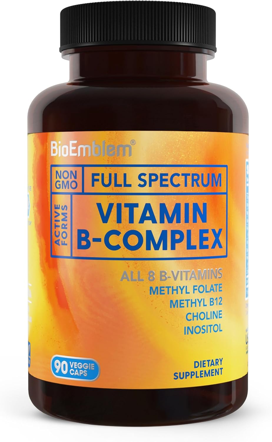 BioEmblem Vitamin B-Complex - All 8 Active Forms with Methyl Folate, Methyl B12, B6, Biotin Plus Choline Inositol, Supports Energy, Metabolism, Brain, Heart Health - B Vitamin Supplement 90 Capsules-0