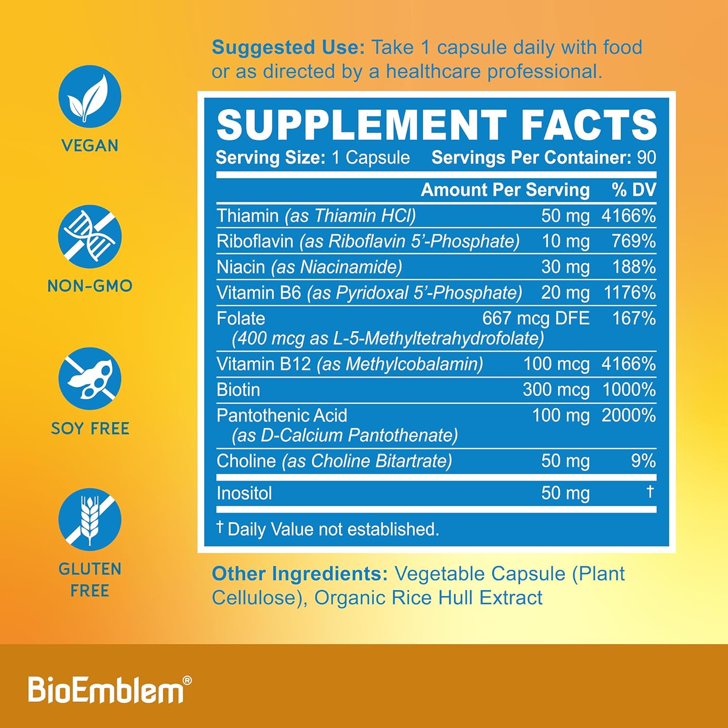 BioEmblem Vitamin B-Complex - All 8 Active Forms with Methyl Folate, Methyl B12, B6, Biotin Plus Choline Inositol, Supports Energy, Metabolism, Brain, Heart Health - B Vitamin Supplement 90 Capsules-4