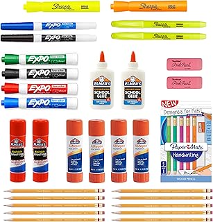 SHARPIE School Supplies Variety Pack, My First All in One Pack, Expo, Paper Mate, Elmer’s, Glue Sticks, Pourable Glues, Pencils, Dry Erase Markers, Highlighters, and More, 31 Count