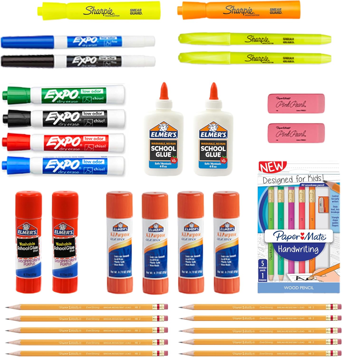 SHARPIE School Supplies Variety Pack, My First All in One Pack, Expo, Paper Mate, Elmer’s, Glue Sticks, Pourable Glues, Pencils, Dry Erase Markers, Highlighters, and More, 31 Count-0